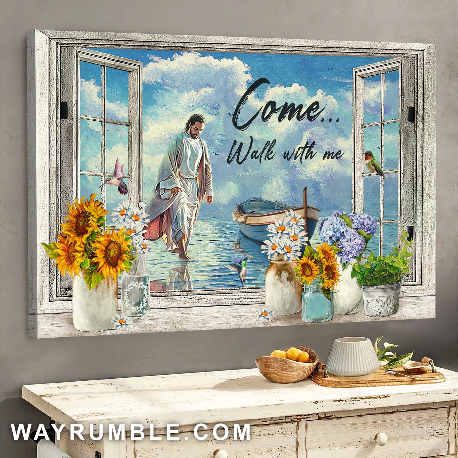 Jesus walking on water, Beautiful window painting, Come walk with me - Jesus Landscape Canvas Prints, Wall Art