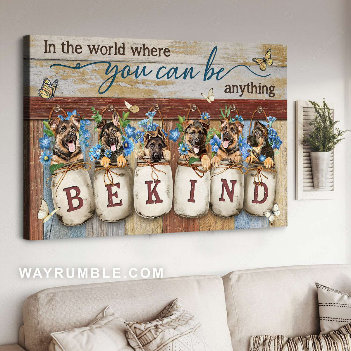 German shepherd puppy, Blue flower, Mason jars, You can be anything - Jesus Landscape Canvas Prints, Christian Wall Art