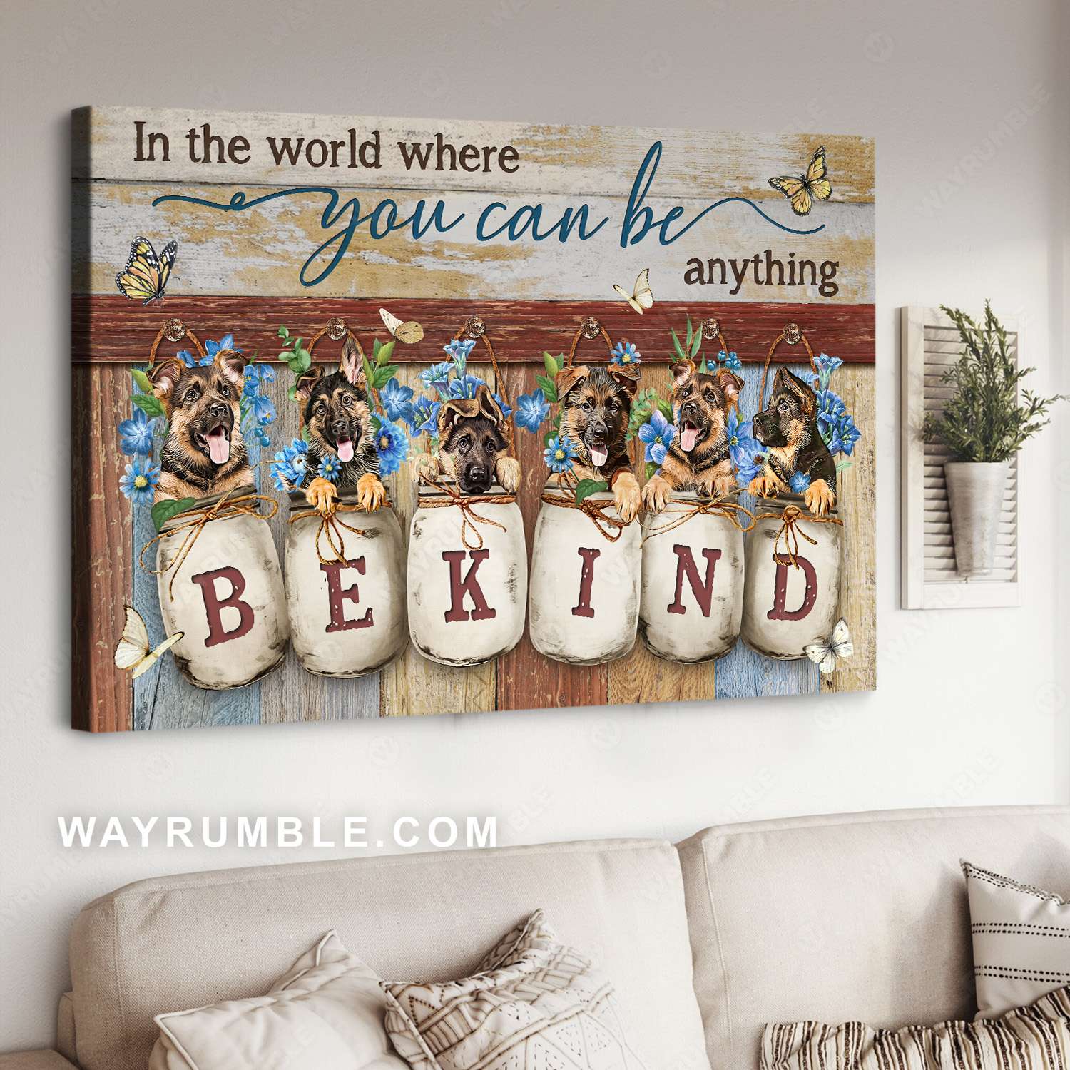 German shepherd puppy, Blue flower, Mason jars, You can be anything - Jesus Landscape Canvas Prints, Christian Wall Art