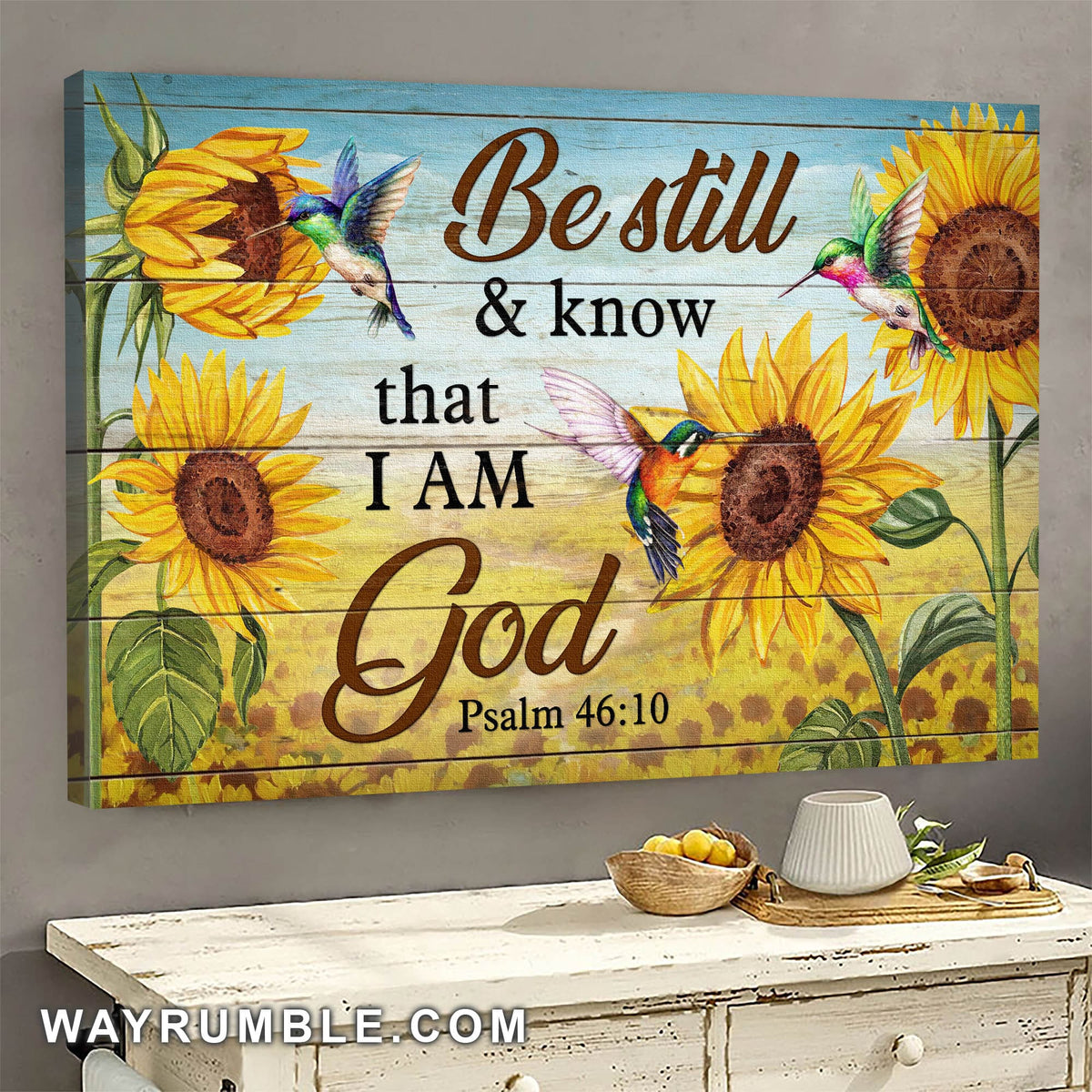 Sunflower field, Hummingbird, Be still &amp; know that I am God - Jesus Landscape Canvas Prints, Wall Art