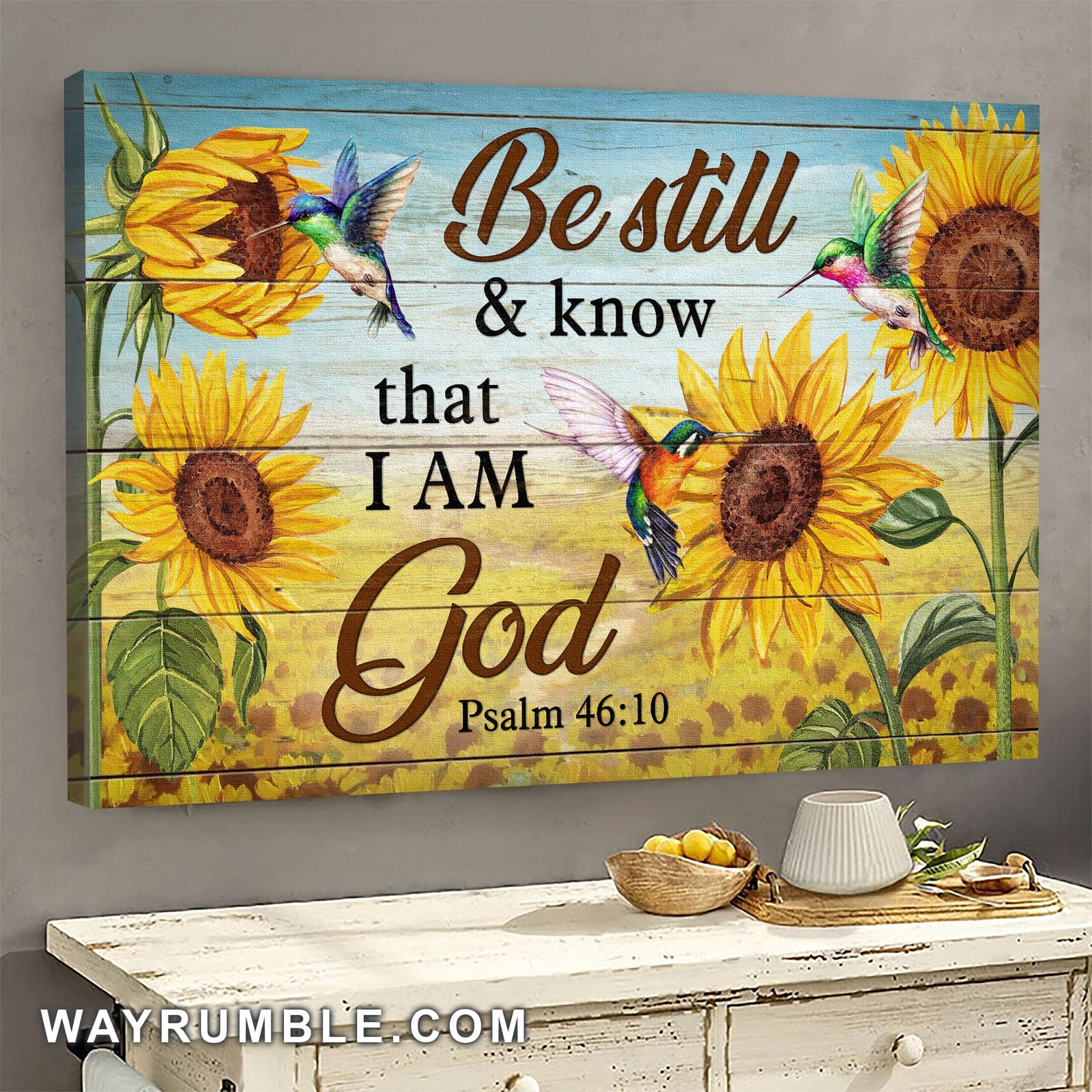 Sunflower field, Hummingbird, Be still & know that I am God - Jesus Landscape Canvas Prints, Wall Art
