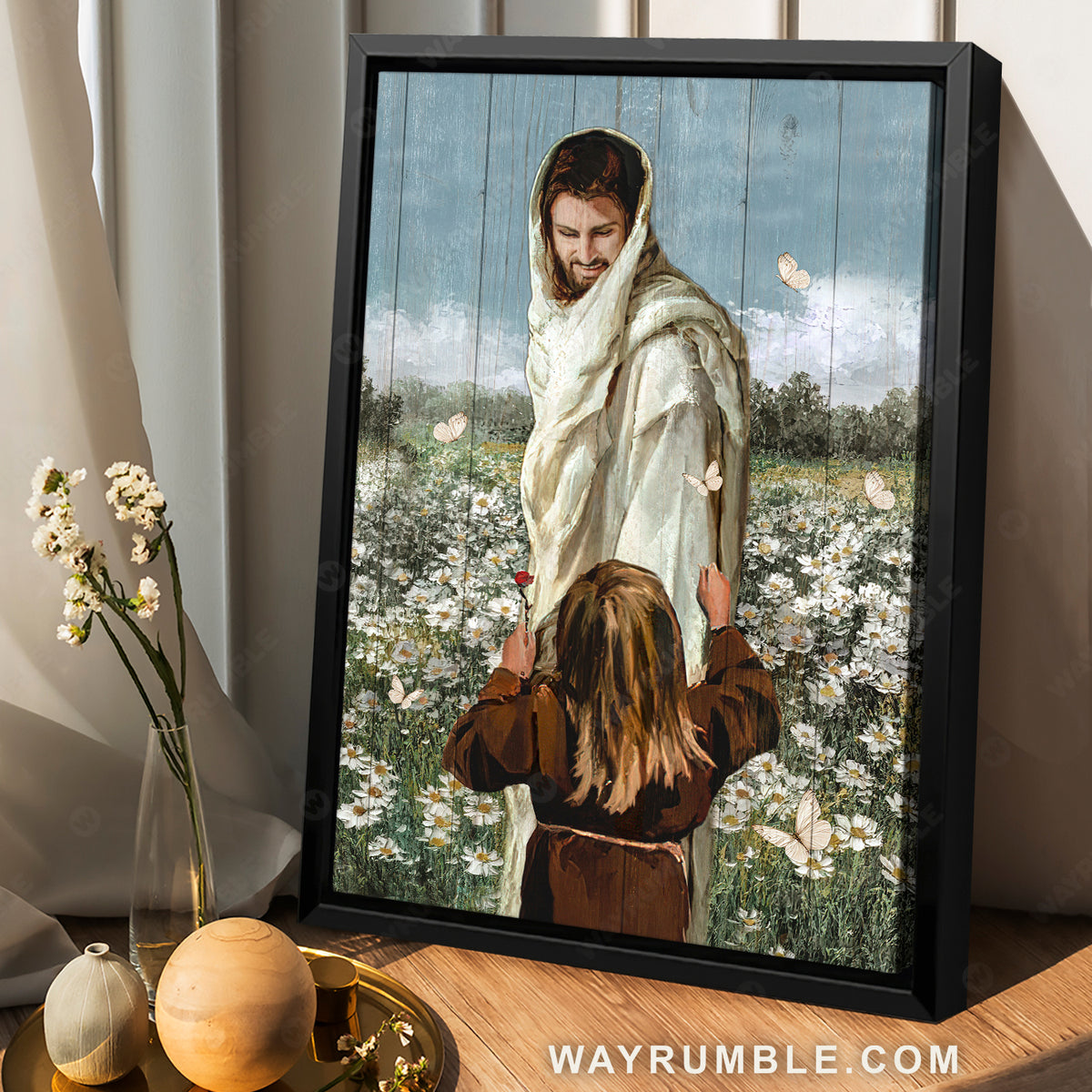 Happy Jesus painting, Little girl, Pretty daisy field, White butterfly - Jesus Portrait Canvas Prints, Christian Wall Art