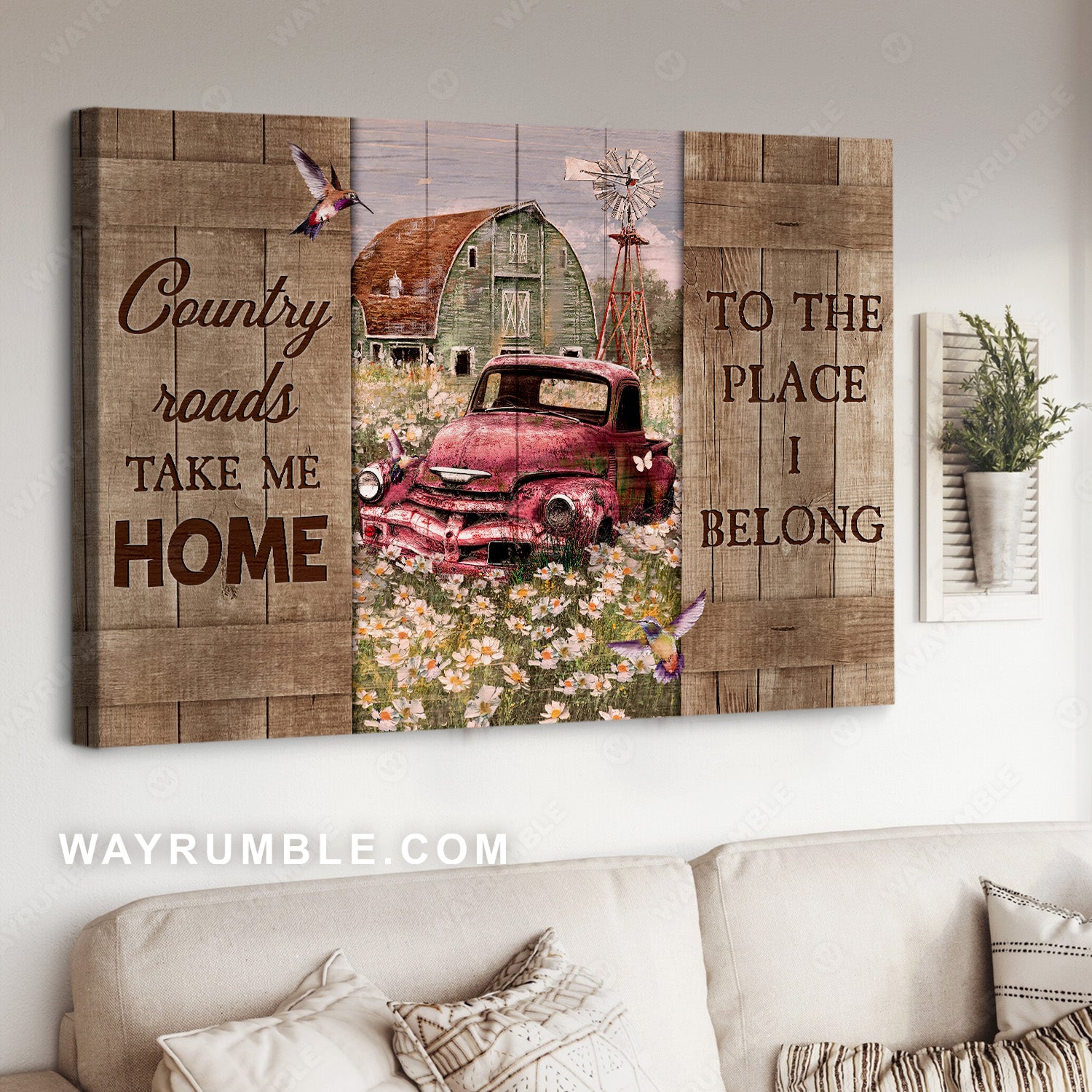 Daisy field, Antique ladybug car, Vintage house, Country roads take me home - Jesus Landscape Canvas Prints, Home Decor Wall Art