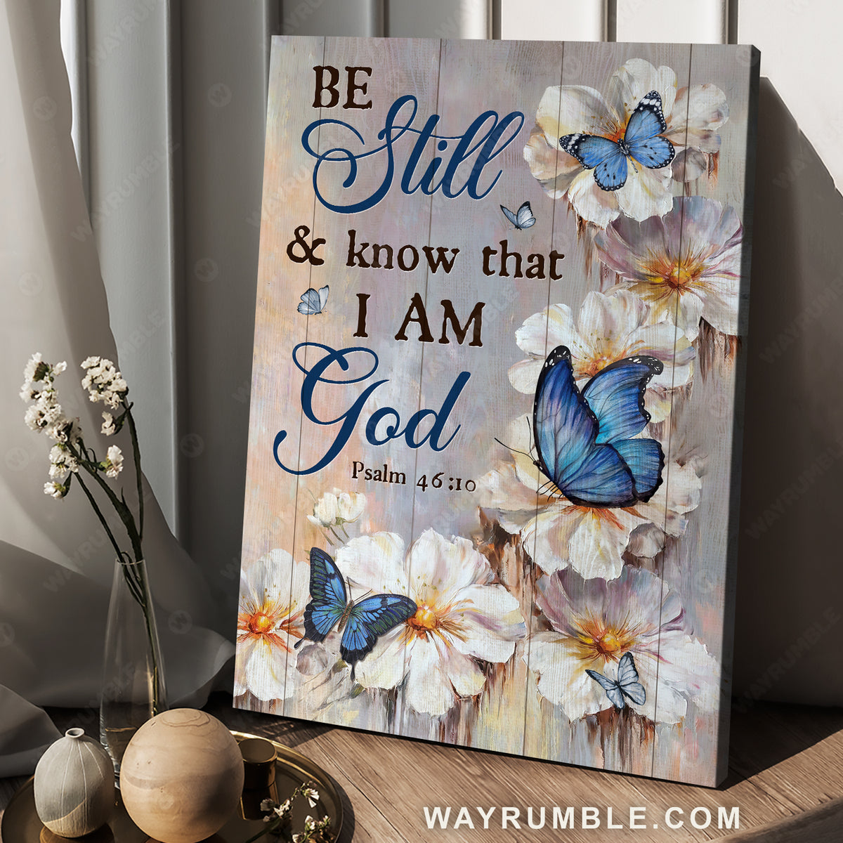 Unique flower forest, Dark blue butterfly, Be still and know that I am God - Jesus Portrait Canvas Prints, Home Decor Wall Art