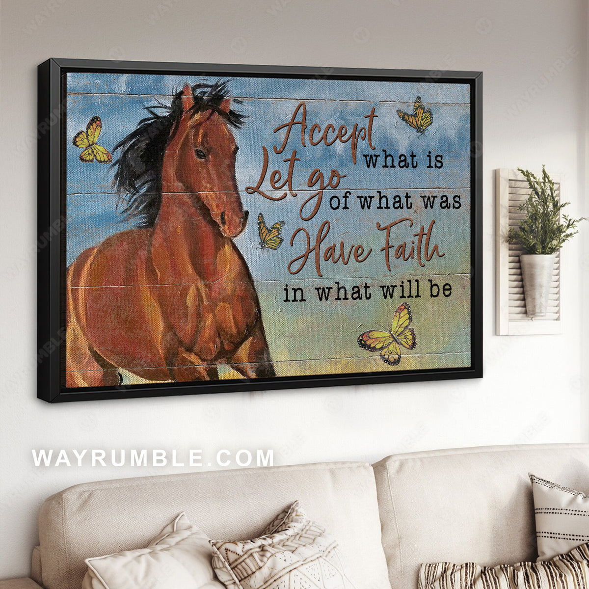 Amazing horse painting, Yellow butterfly, Accept what is let go - Jesus Landscape Canvas Prints, Christian Wall Art