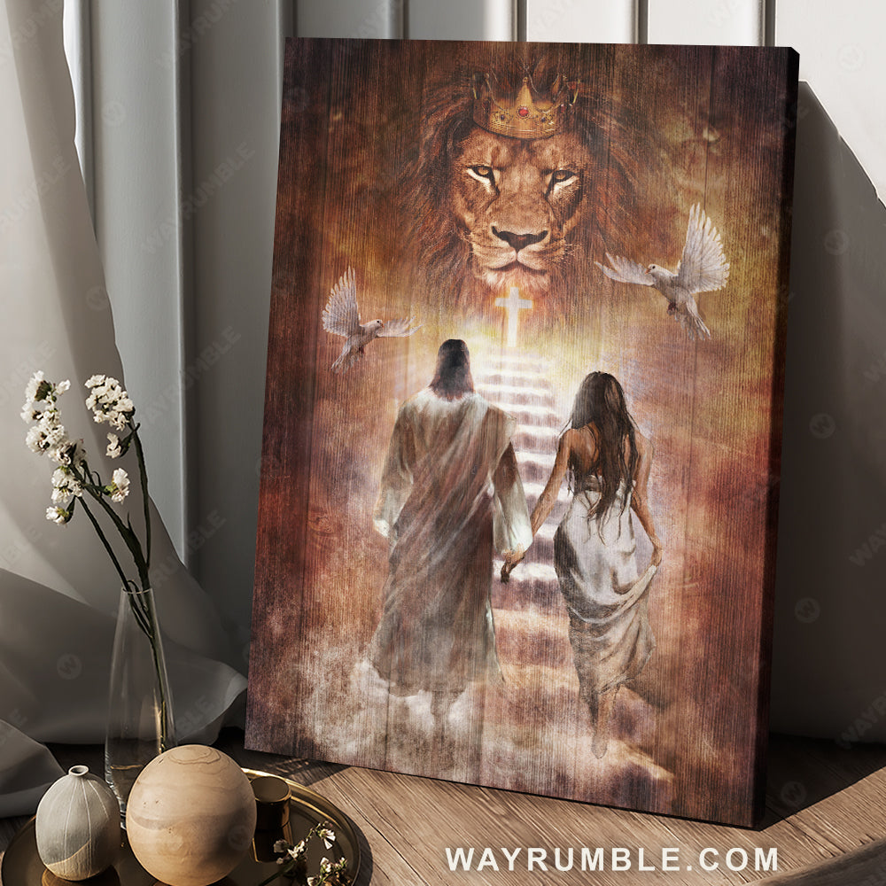 King of Kings, Beautiful girl, White dove, Walking with Jesus - Jesus Portrait Canvas Prints, Christian Wall Art