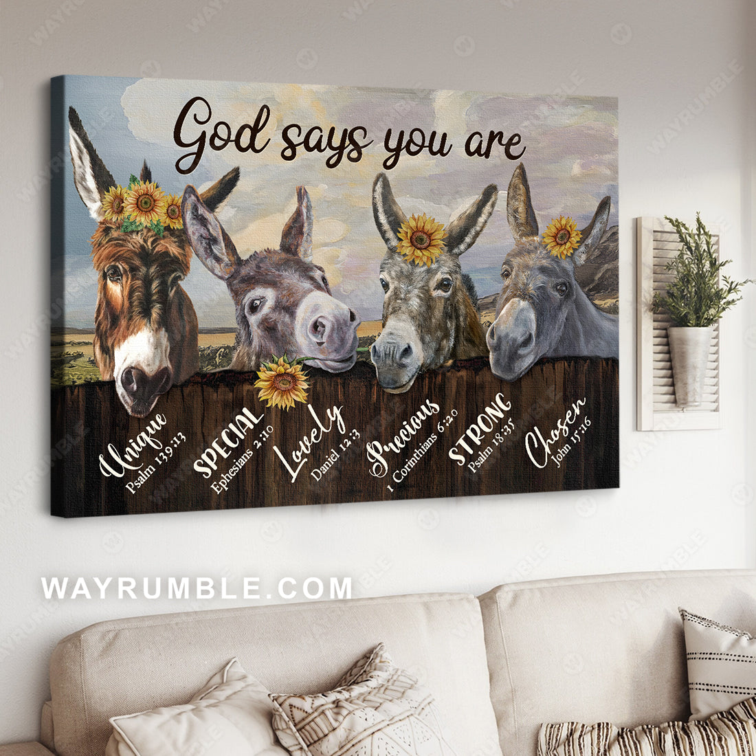 Cute donkey drawing, Sunflower wreath, God says you are unique - Jesus Landscape Canvas Prints, Christian Wall Art