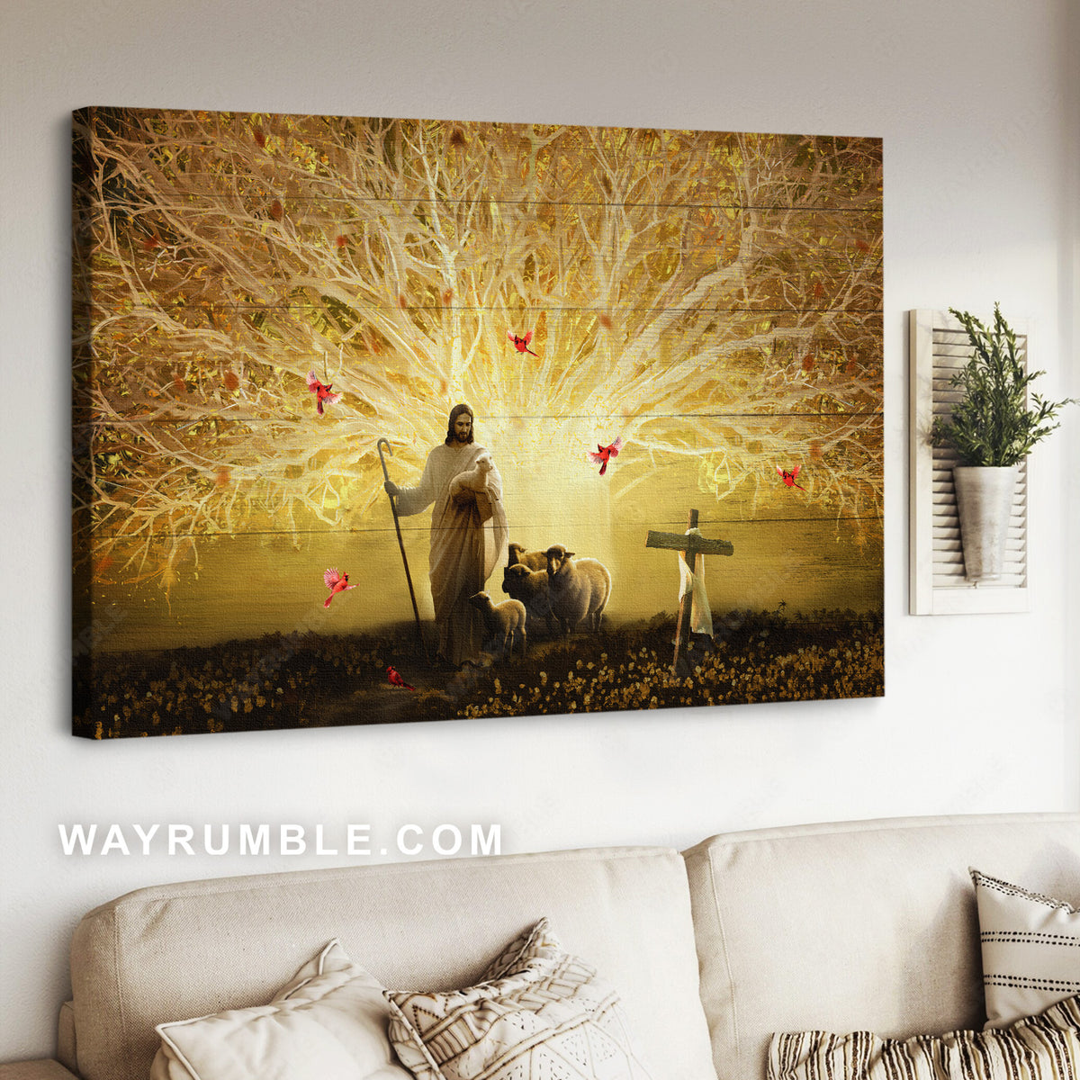 Stunning tree, Magic halo, Animal of God, Walking with Jesus - Jesus Landscape Canvas Prints, Home Decor Wall Art