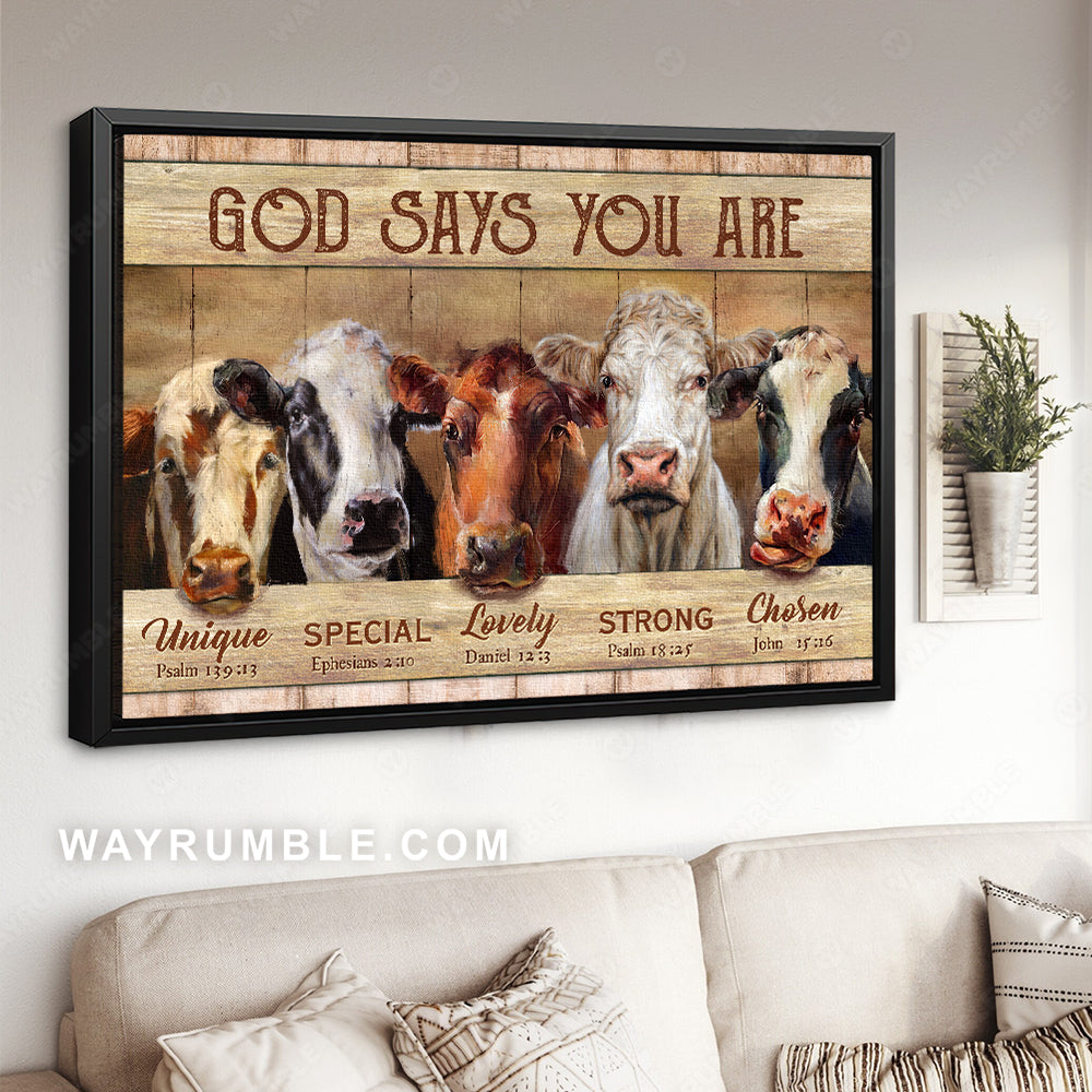 Watercolor cow, Animal drawing, God says you are unique - Jesus Landscape Canvas Prints, Christian Wall Art
