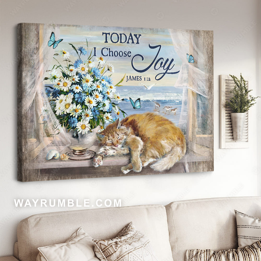 Ocean painting, Sleeping cat, Daisy vase, Today I choose joy - Jesus Landscape Canvas Prints, Christian Wall Art