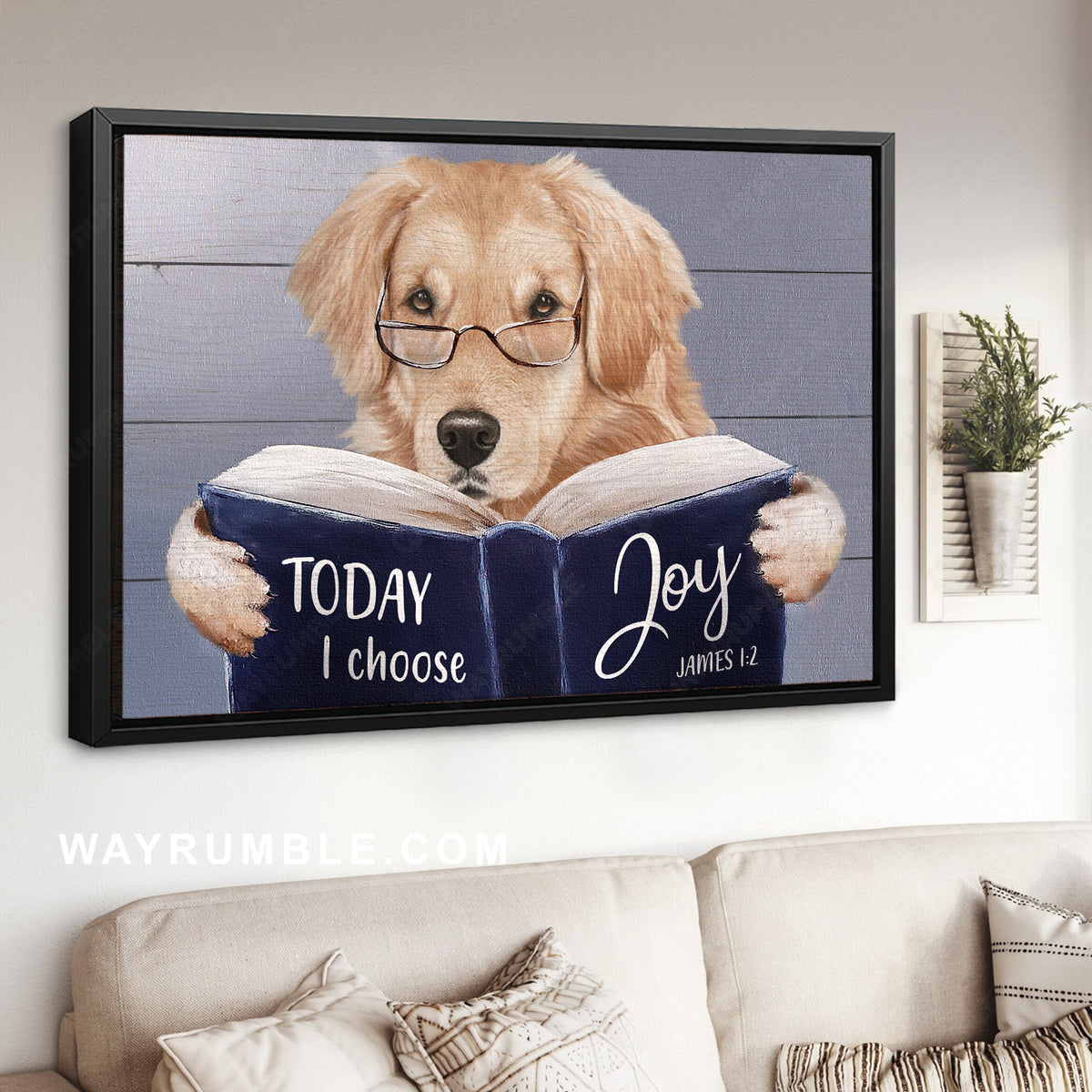 Golden Retriever artwork, Reading book, Today I choose joy - Jesus Landscape Canvas Prints, Home Decor Wall Art