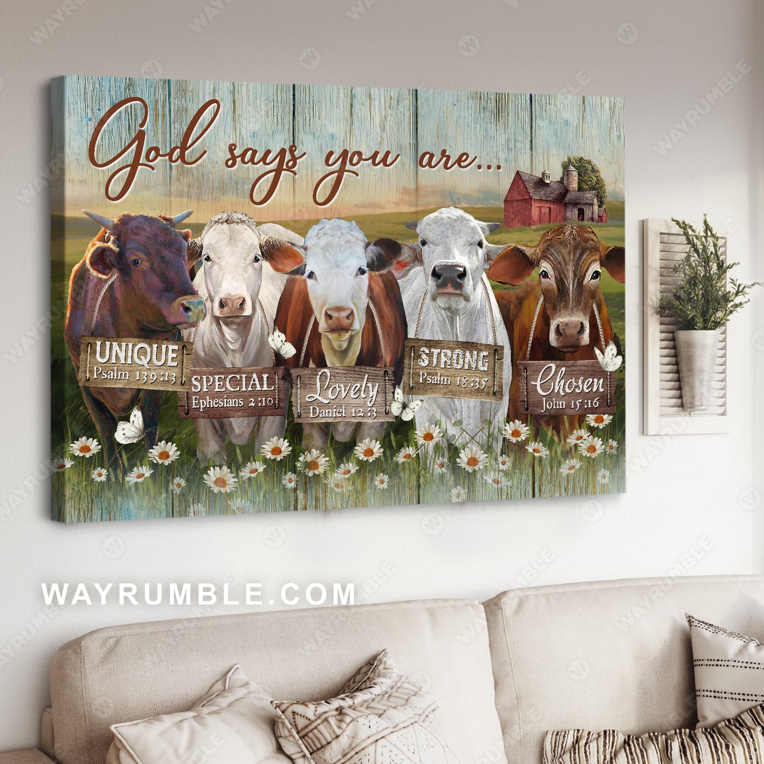 Cows painting, Highland farms, Daisy field, God says you are unique - Jesus Landscape Canvas Prints, Christian Wall Art