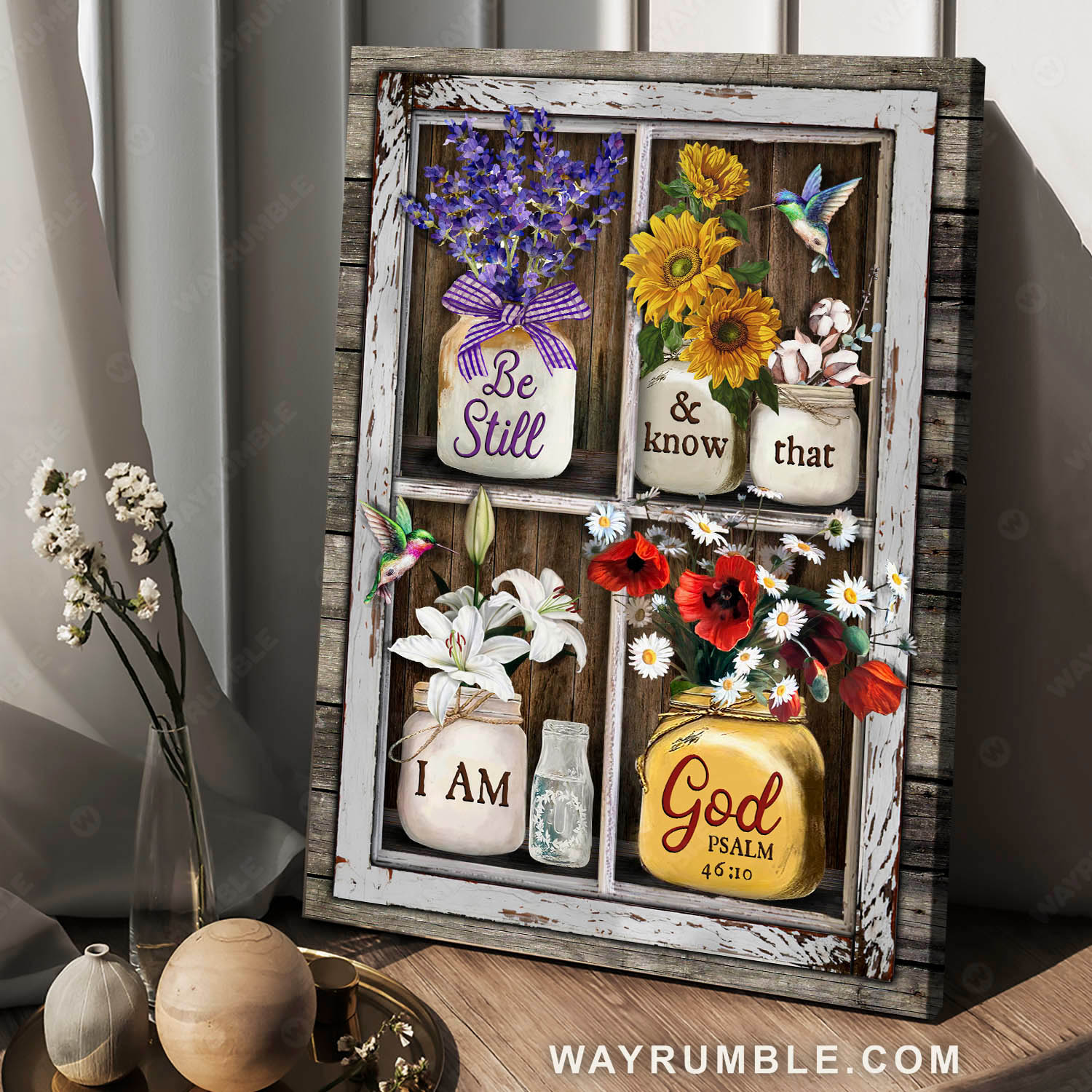 Flower vase, Vintage window, Hummingbird, Be still and know that I am God - Jesus Portrait Canvas Prints, Christian Wall Art