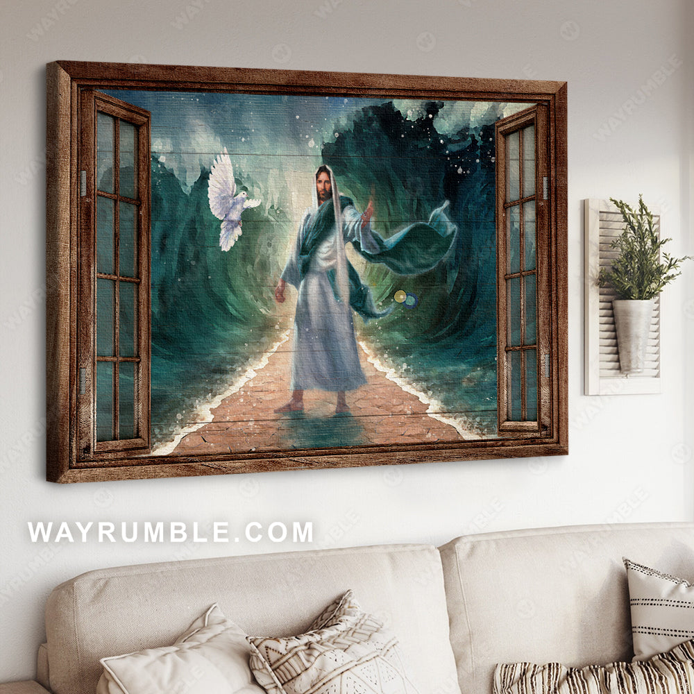 Deep ocean, White dove, Antique window, Walking with Jesus - Jesus Landscape Canvas Prints, Christian Wall Art