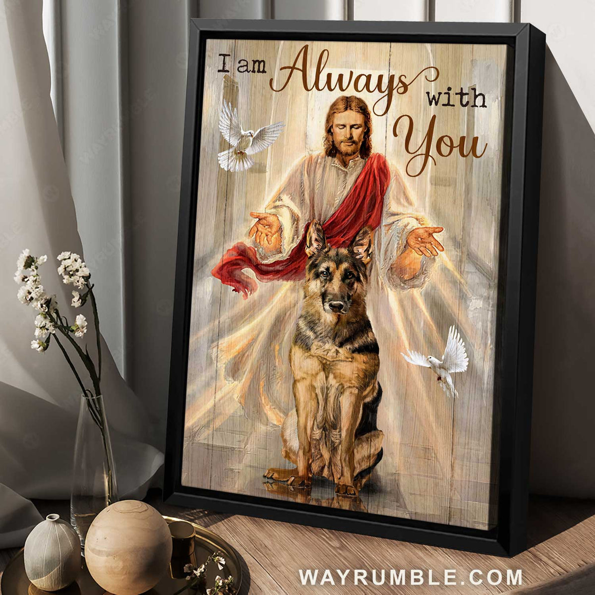 Angry German Shepherd, Jesus artwork, White dove, I&#39;m always with you - Jesus Portrait Canvas Prints, Home Decor Wall Art