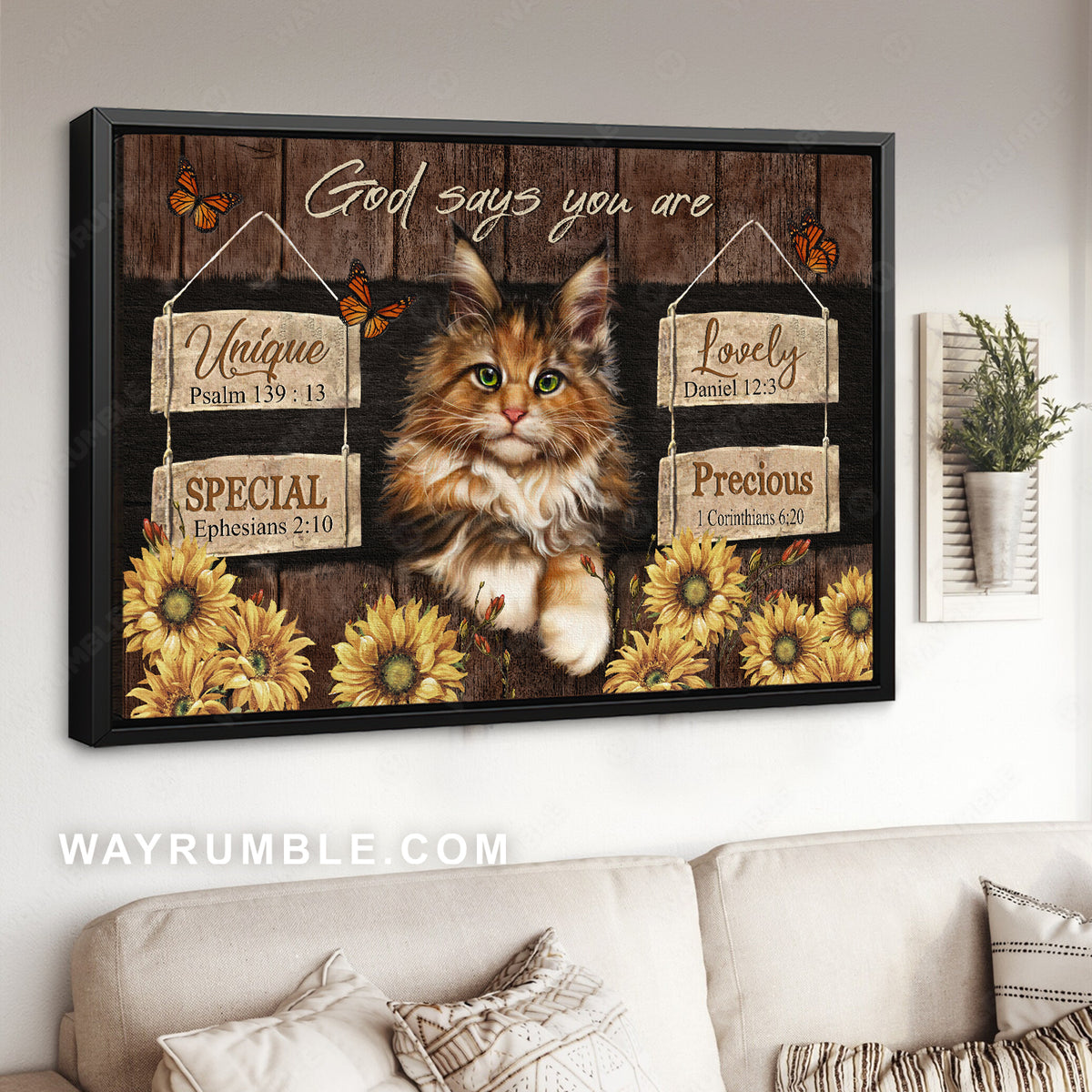 Cute cat drawing, Sunflower frame, God says you are unique - Jesus Landscape Canvas Prints, Christian Wall Art