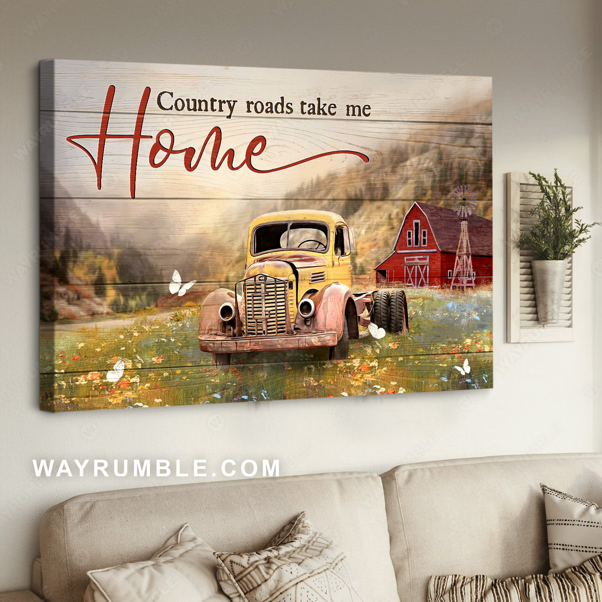 Yellow ladybug car, Pretty flower field, Country roads take me home - Jesus Landscape Canvas Prints, Home Decor Wall Art