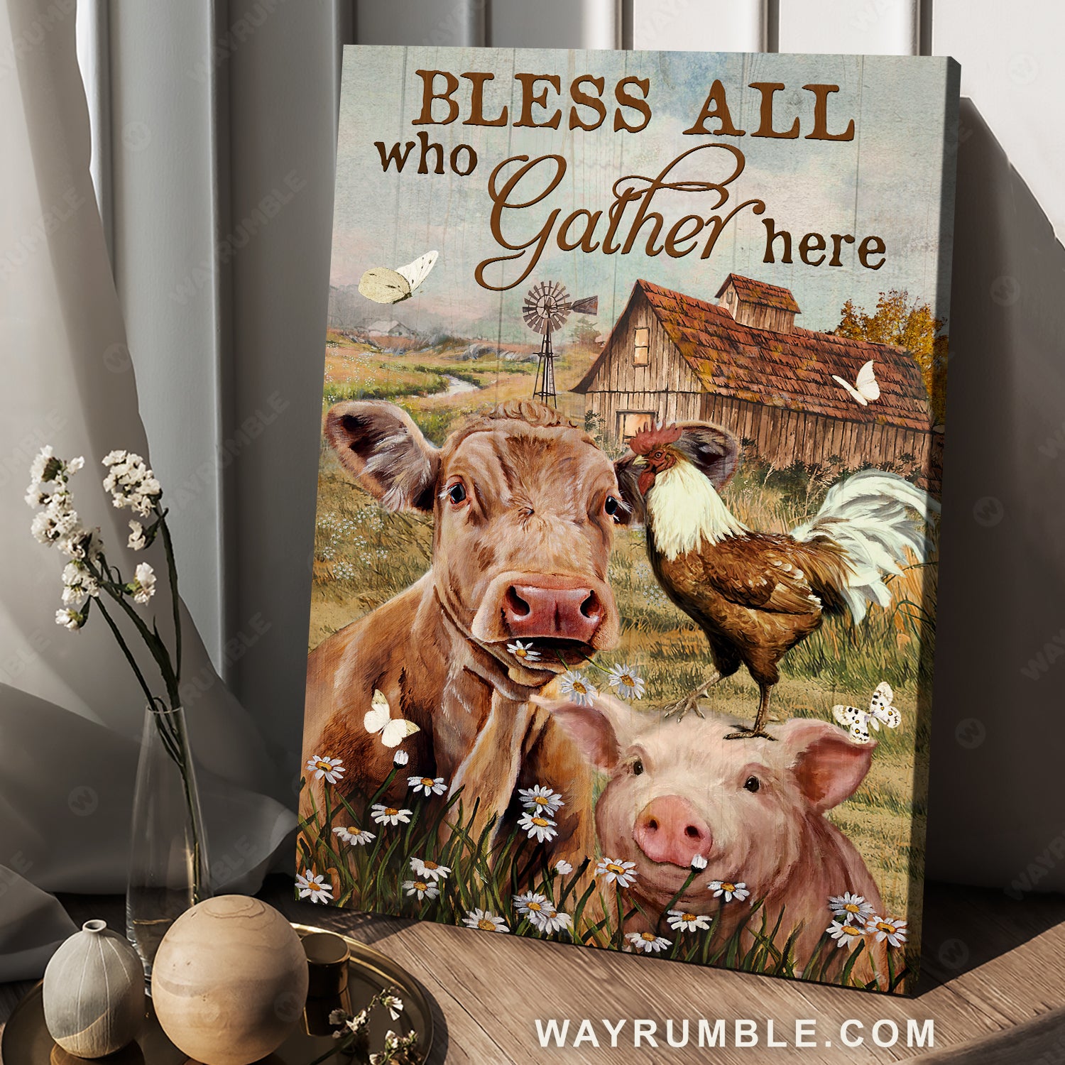 Animal drawing, Daisy field, Rooster painting, Bless all who gather here - Jesus Portrait Canvas Prints, Christian Wall Art