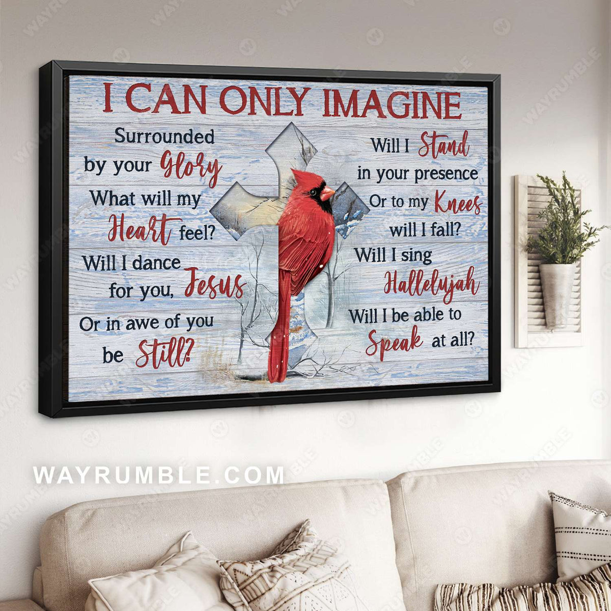 Northern cardinal, Cross symbol, Winter forest, I can only imagine - Jesus Landscape Canvas Prints, Christian Wall Art