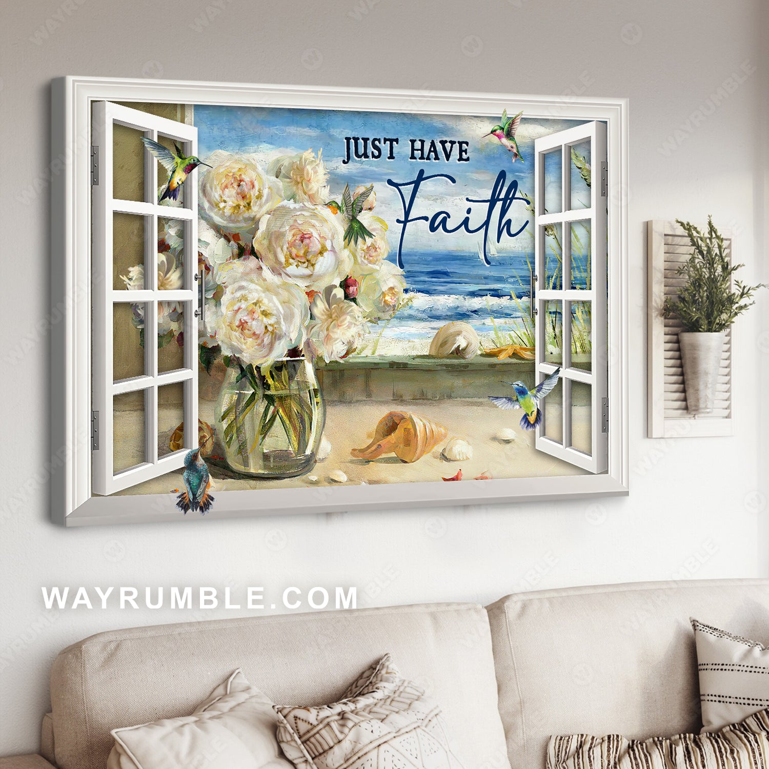 Pastel rose vase, Ocean view, Colorful hummingbird, Just have faith - Jesus Landscape Canvas Prints, Christian Wall Art