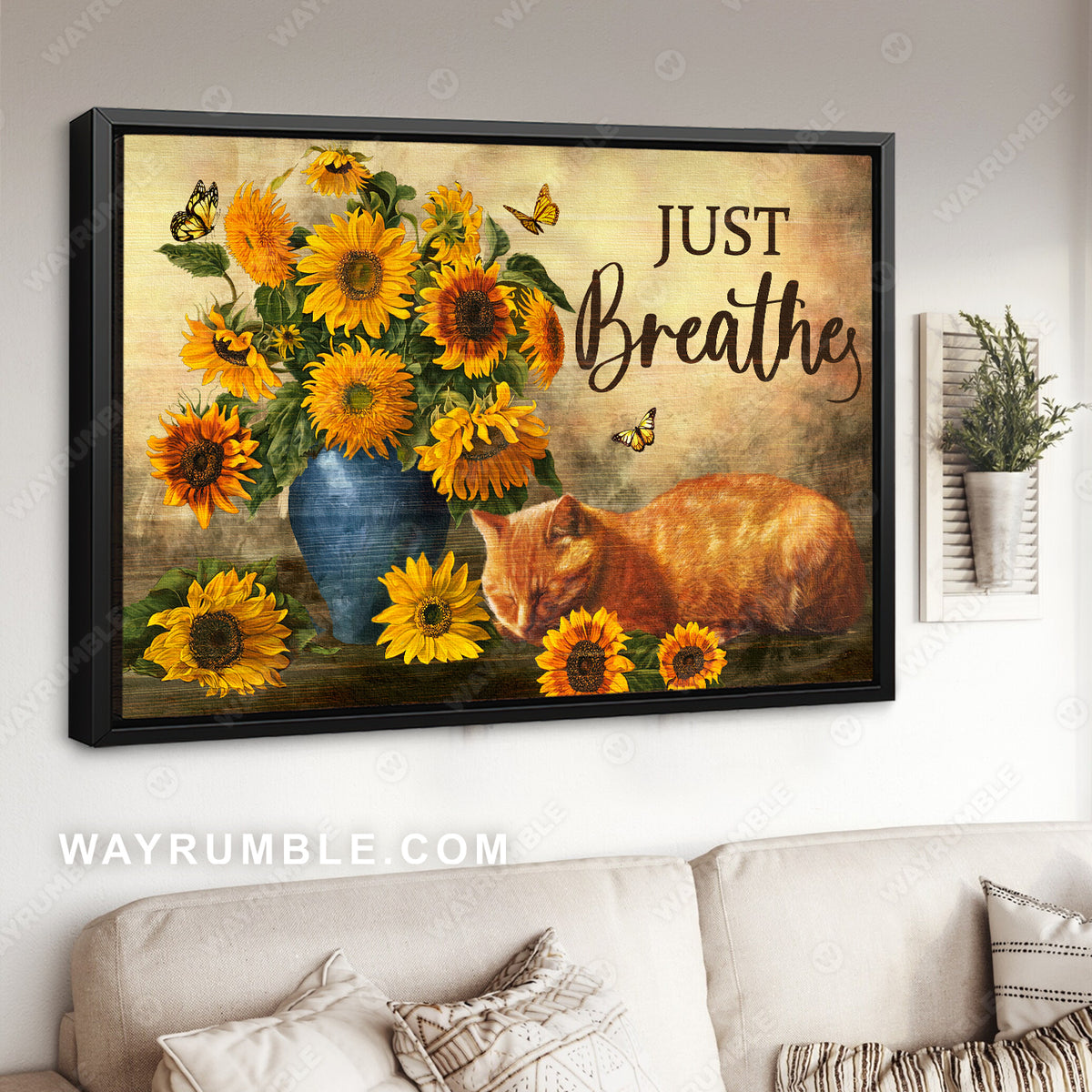 Sunflower vase, Sleeping cat, Still life painting, Just breath - Jesus Landscape Canvas Prints, Christian Wall Art