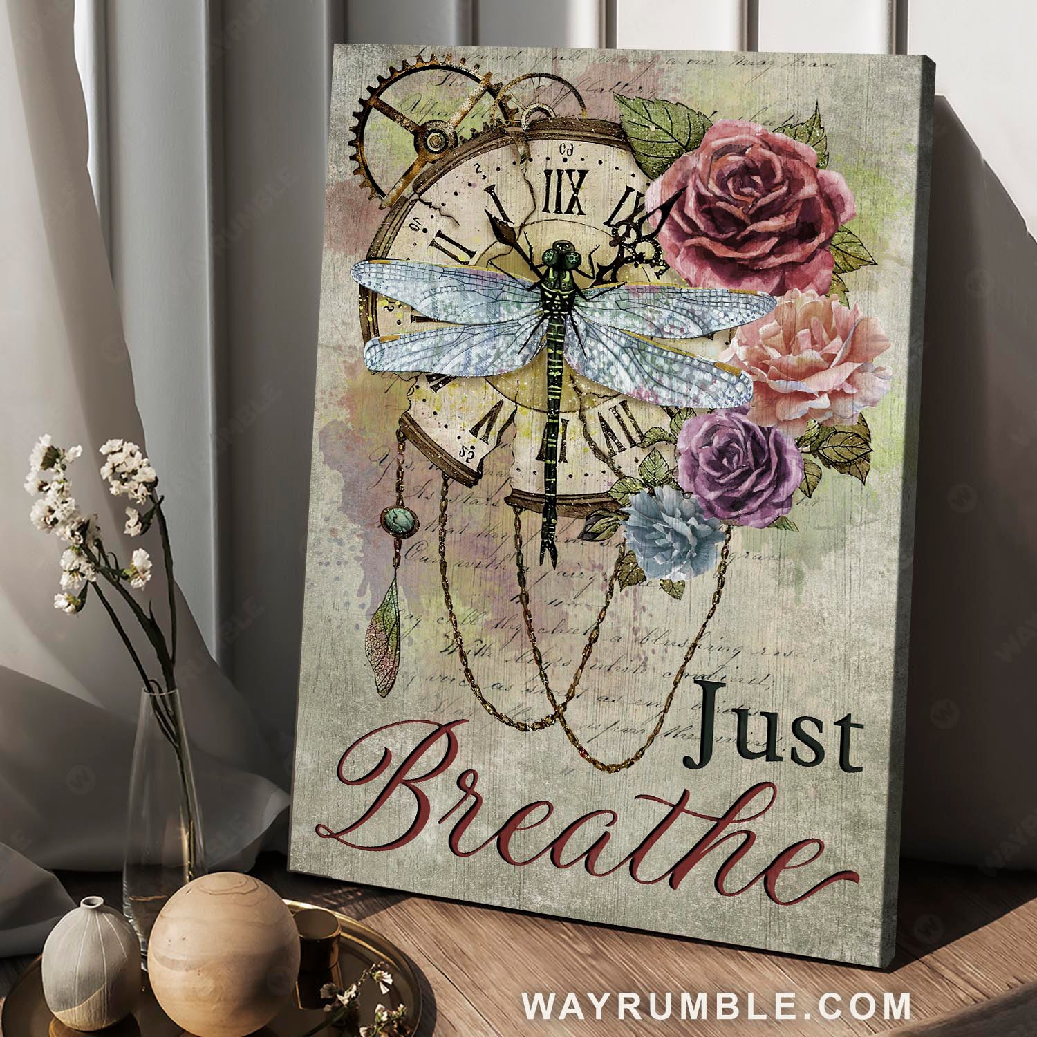 Vintage clock, Green dragonfly, Roses drawing, Just breathe - Jesus Portrait Canvas Prints, Christian Wall Art