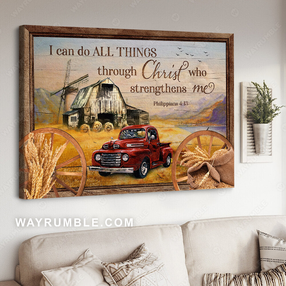 Red ladybug car, Wooden wheel, Rice field, I can do all things through Christ who strengthens me - Jesus Landscape Canvas Prints, Christian Wall Art