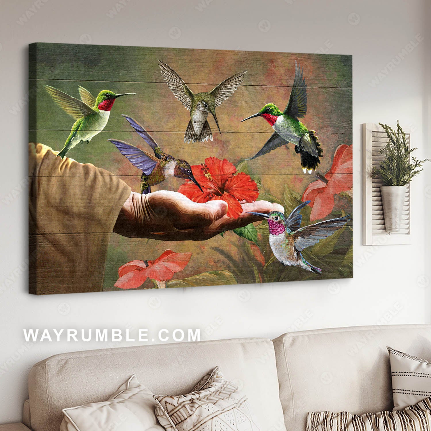 Hand of God, Hummingbirds and the beautiful flower - Jesus Landscape Canvas Prints, Christian Wall Art