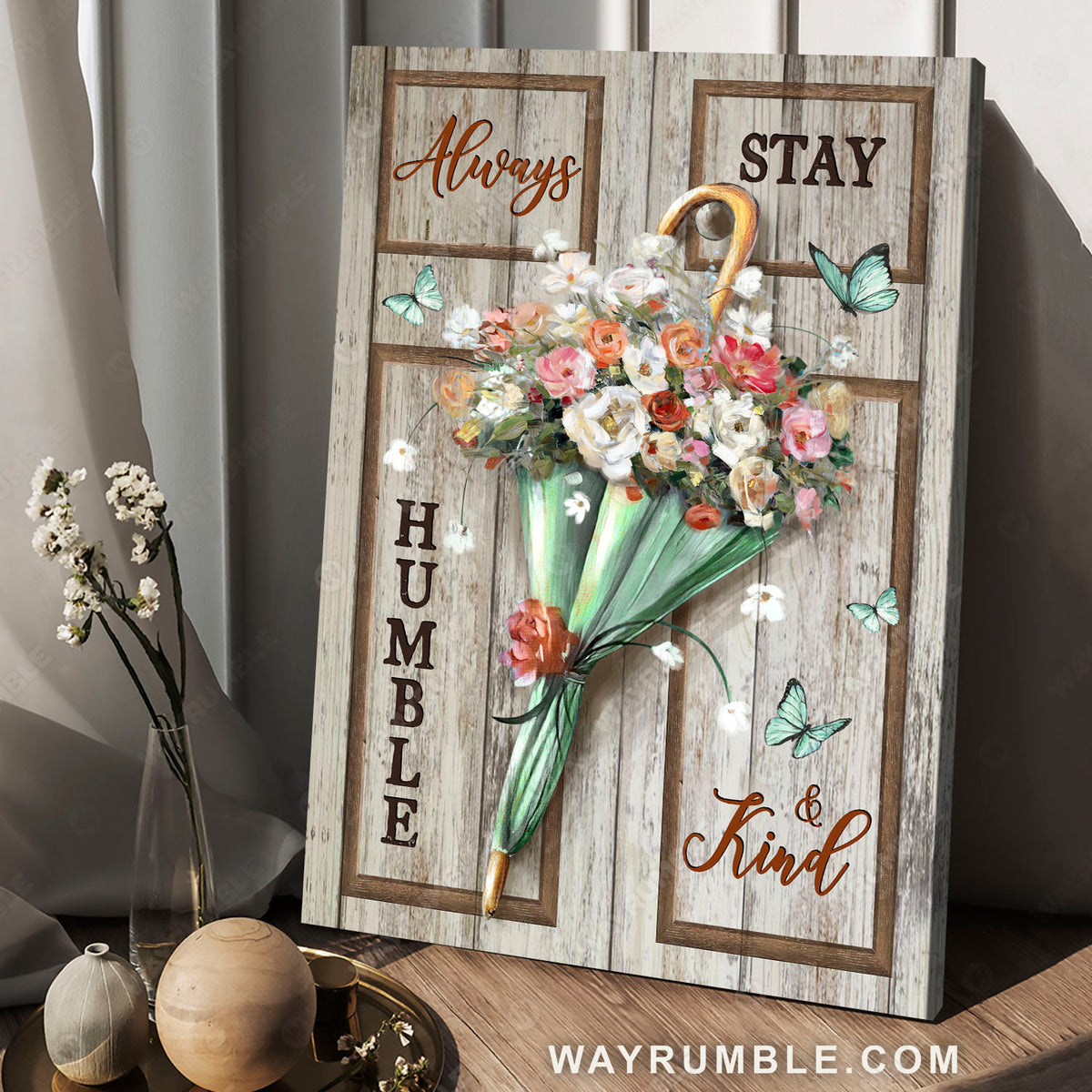 Colorful roses, Flowers painting, Green umbrella, Stay humble &amp; kind - Jesus Portrait Canvas Prints, Christian Wall Art