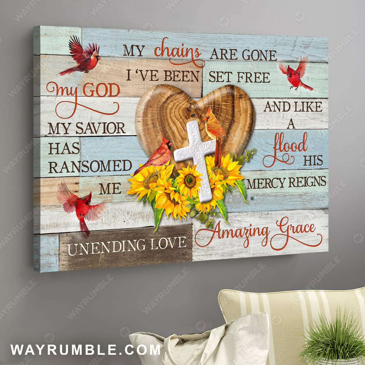 Wooden heart, White cross, Sunflower drawing, Cardinal painting, My chains are gone - Jesus Landscape Canvas Prints, Wall Art