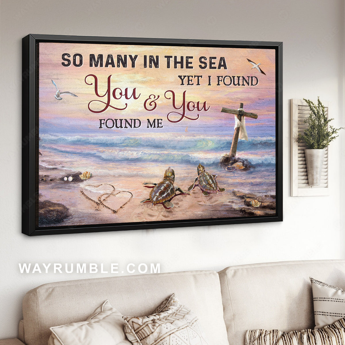 Purple sunset, Wooden cross, Sea turtle, So many in the sea yet I found you - Jesus Landscape Canvas Prints, Christian Wall Art
