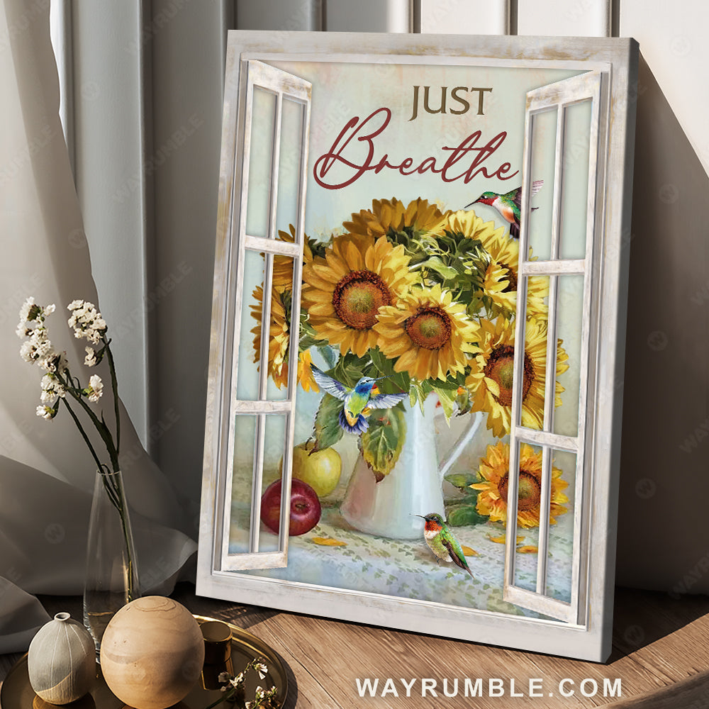 Still life painting, Pretty sunflower, Colorful hummingbird, Just breathe - Jesus Portrait Canvas Prints, Christian Wall Art
