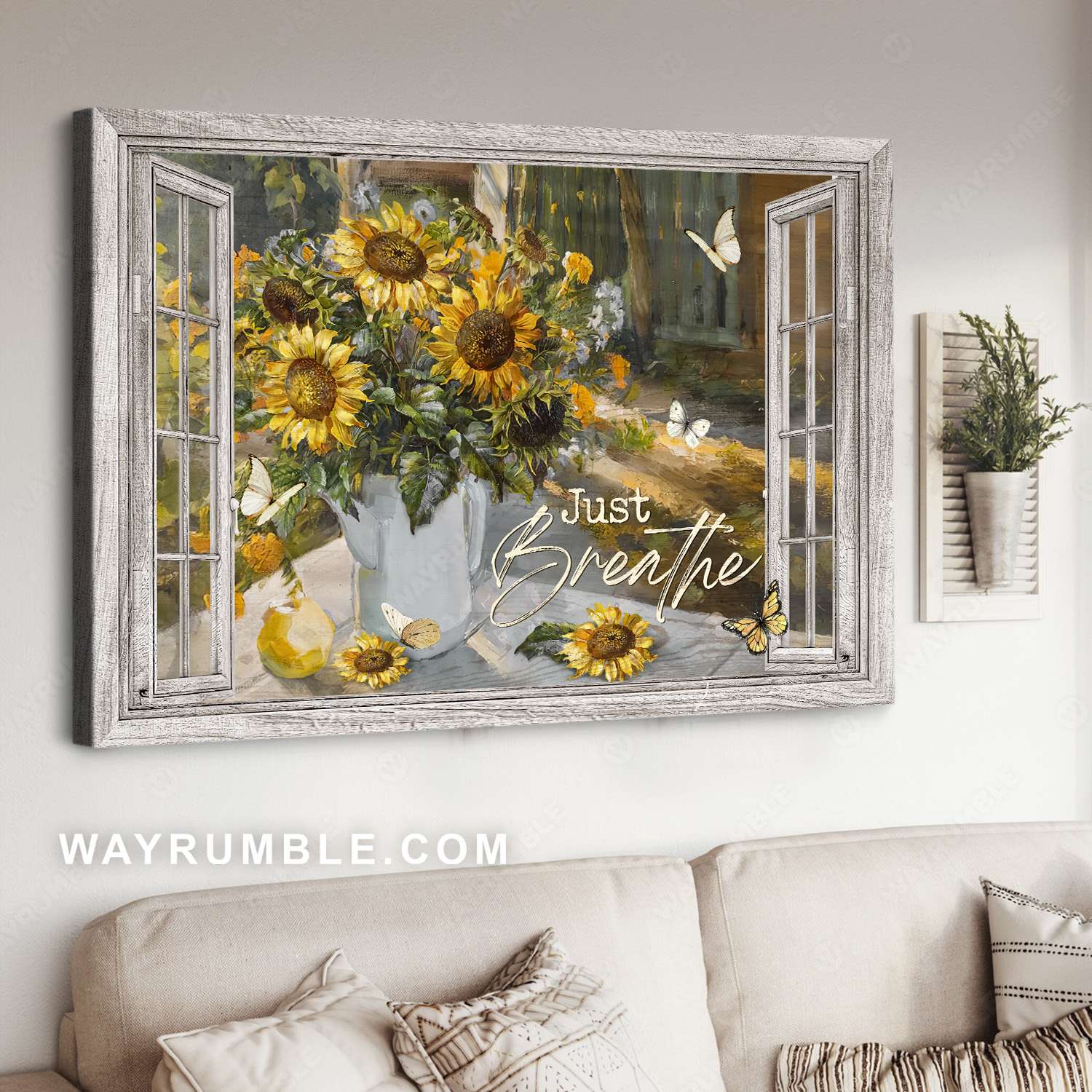 Sunflower painting, Ceramic vase, Sunrise light, Just breathe - Jesus Landscape Canvas Prints, Christian Wall Art