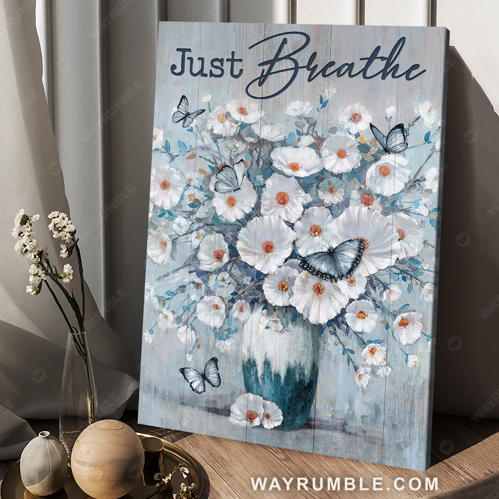Unique flower drawing, Blue butterfly, Still life painting, Just breathe - Jesus Portrait Canvas Prints, Christian Wall Art