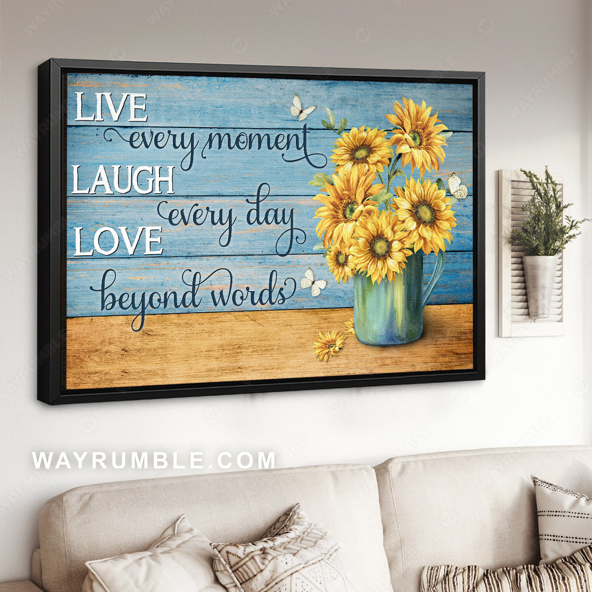 Sunflower drawing, White butterfly, Live every moment, laugh every day - Jesus Landscape Canvas Prints, Christian Wall Art