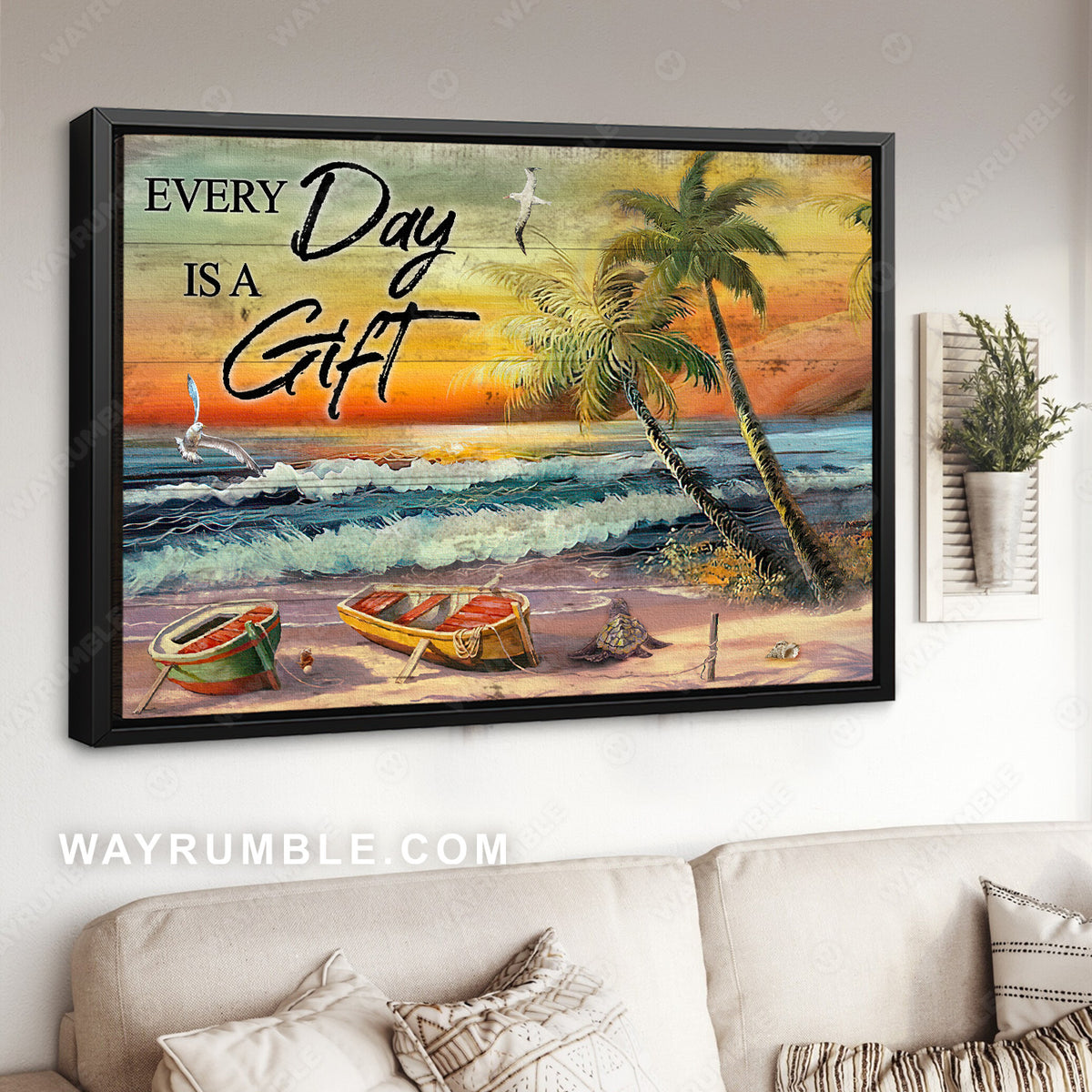 Brilliant beach painting, Amazing sunset, Seagull, Everyday is a gift - Jesus Landscape Canvas Prints, Christian Wall Art