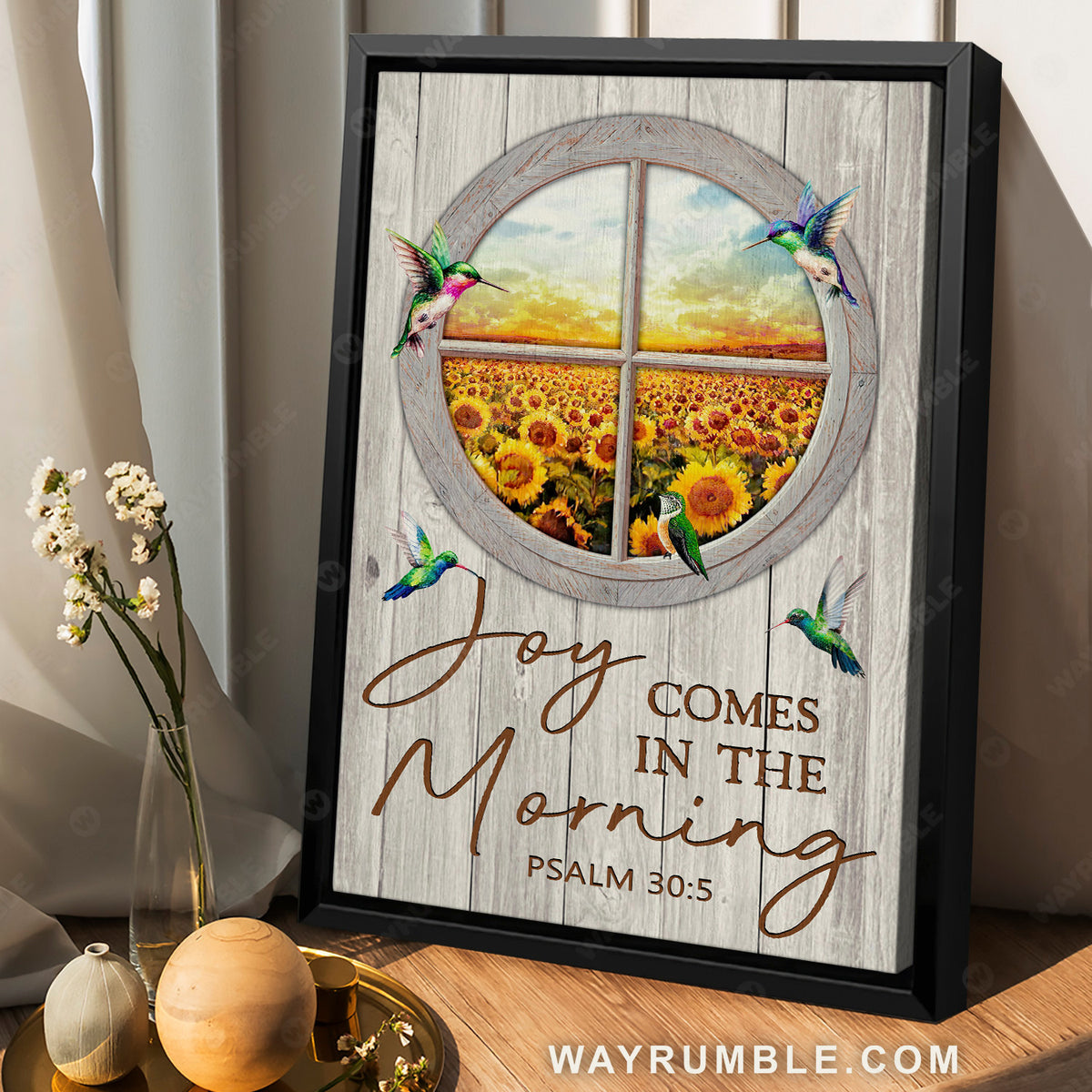 Circle mirror, Sunflower field, Hummingbird, Joy comes in the morning - Jesus Portrait Canvas Prints, Christian Wall Art