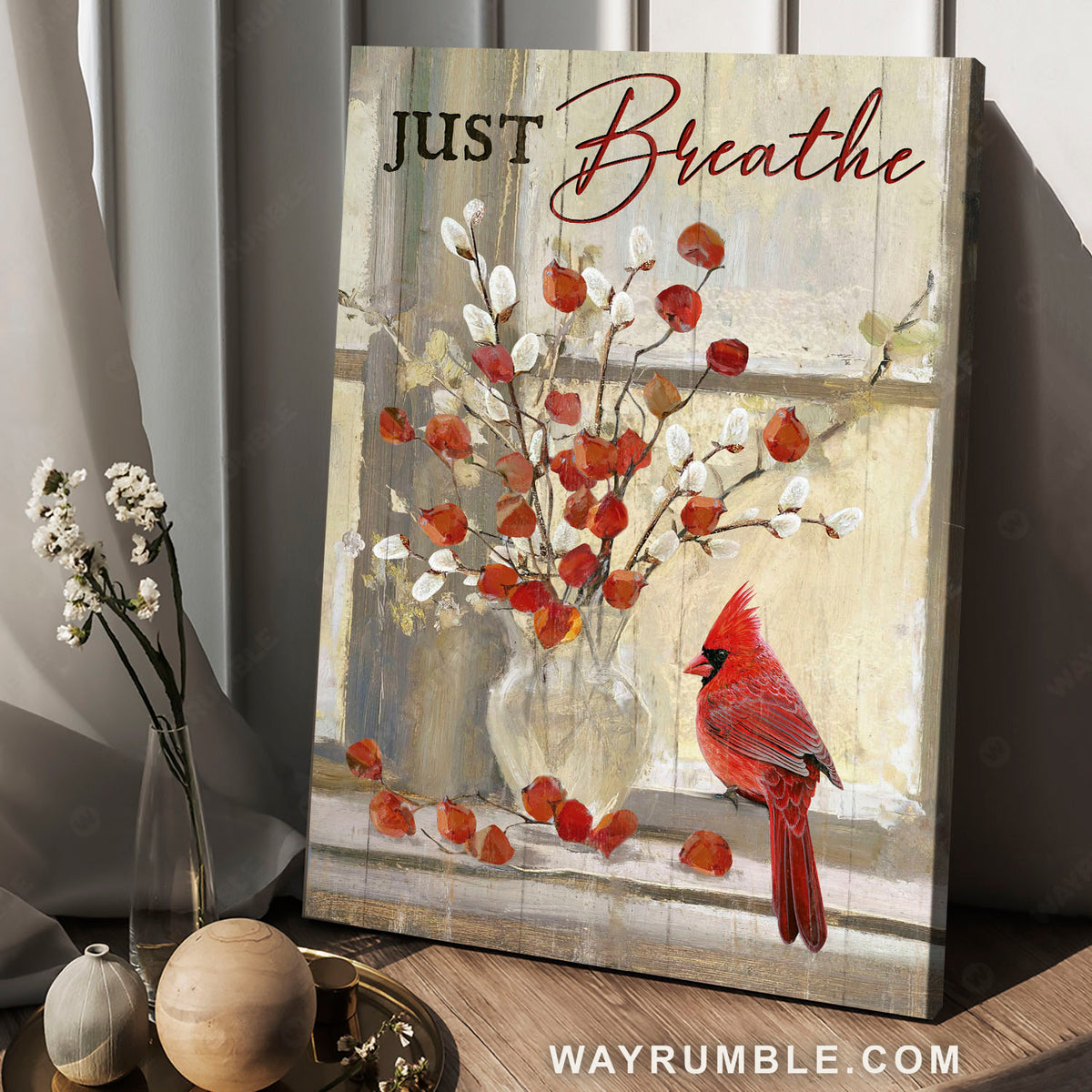 Red cardinal, Fuchsia flower, Willow flower, Just breathe - Jesus Portrait Canvas Prints, Christian Wall Art