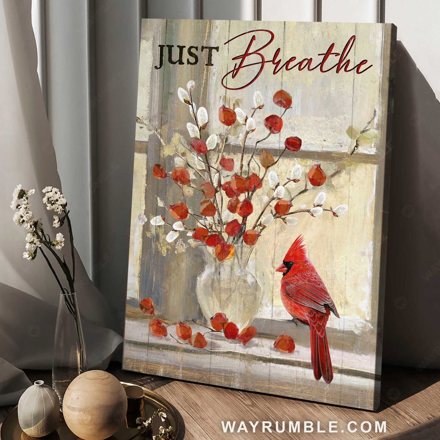 Red cardinal, Fuchsia flower, Willow flower, Just breathe - Jesus Portrait Canvas Prints, Christian Wall Art