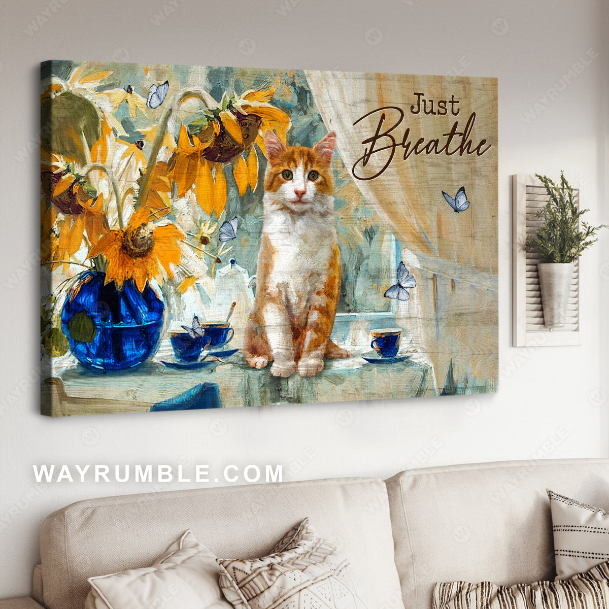 Happy cat, Sunflower vase, Still life painting, Just breathe - Jesus Landscape Canvas Prints, Home Decor Wall Art