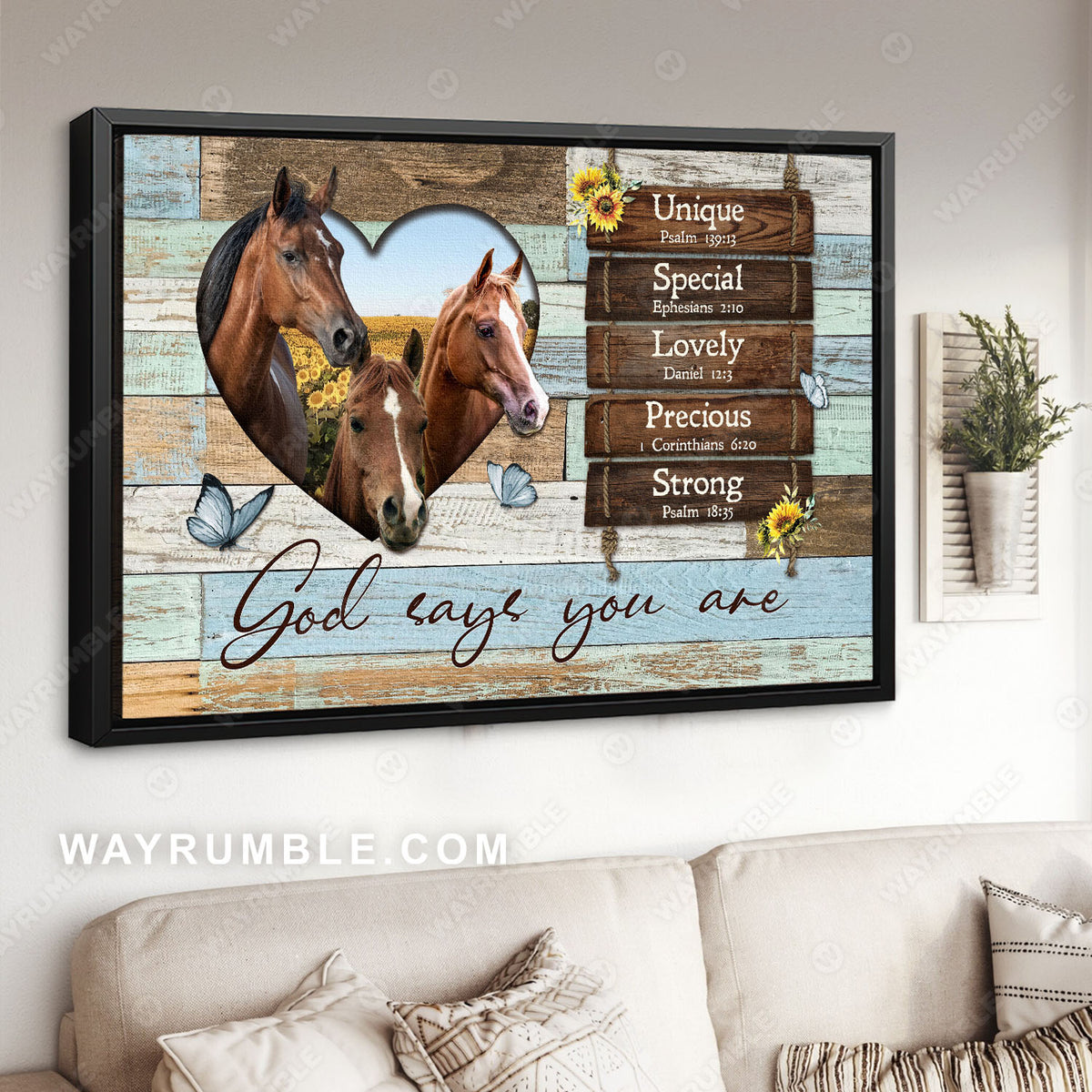 Quarter horses, Heart frame, Sunflower field, God says you are unique - Jesus Landscape Canvas Prints, Wall Art
