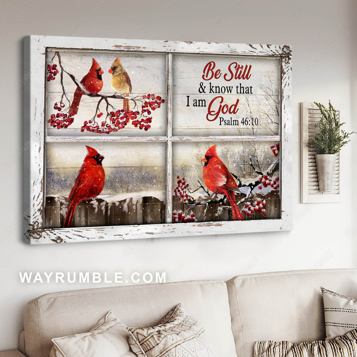 Cardinal painting, Winter garden, Through the window frame, Be still and know that I am God - Jesus Landscape Canvas Prints, Christian Wall Art