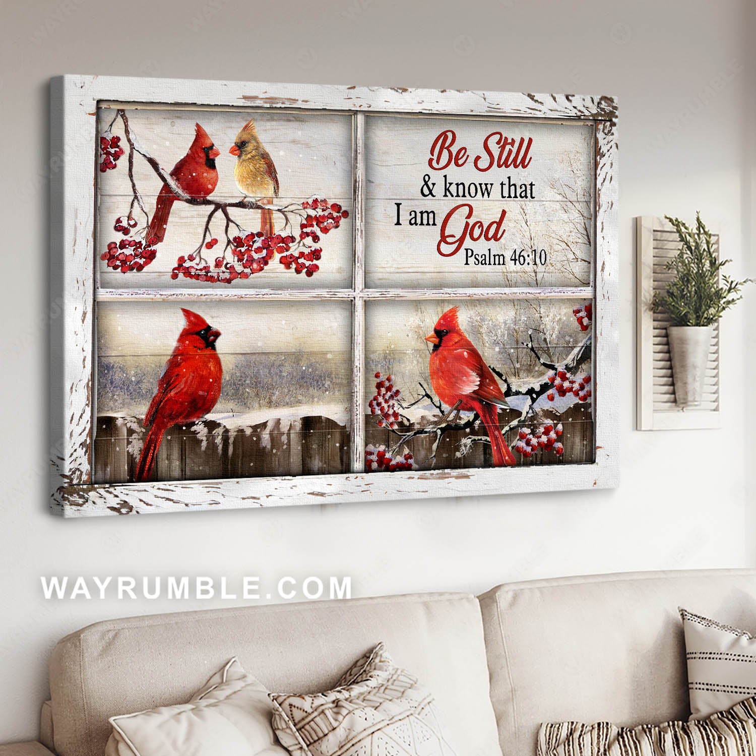 Cardinal painting, Winter garden, Through the window frame, Be still and know that I am God - Jesus Landscape Canvas Prints, Christian Wall Art