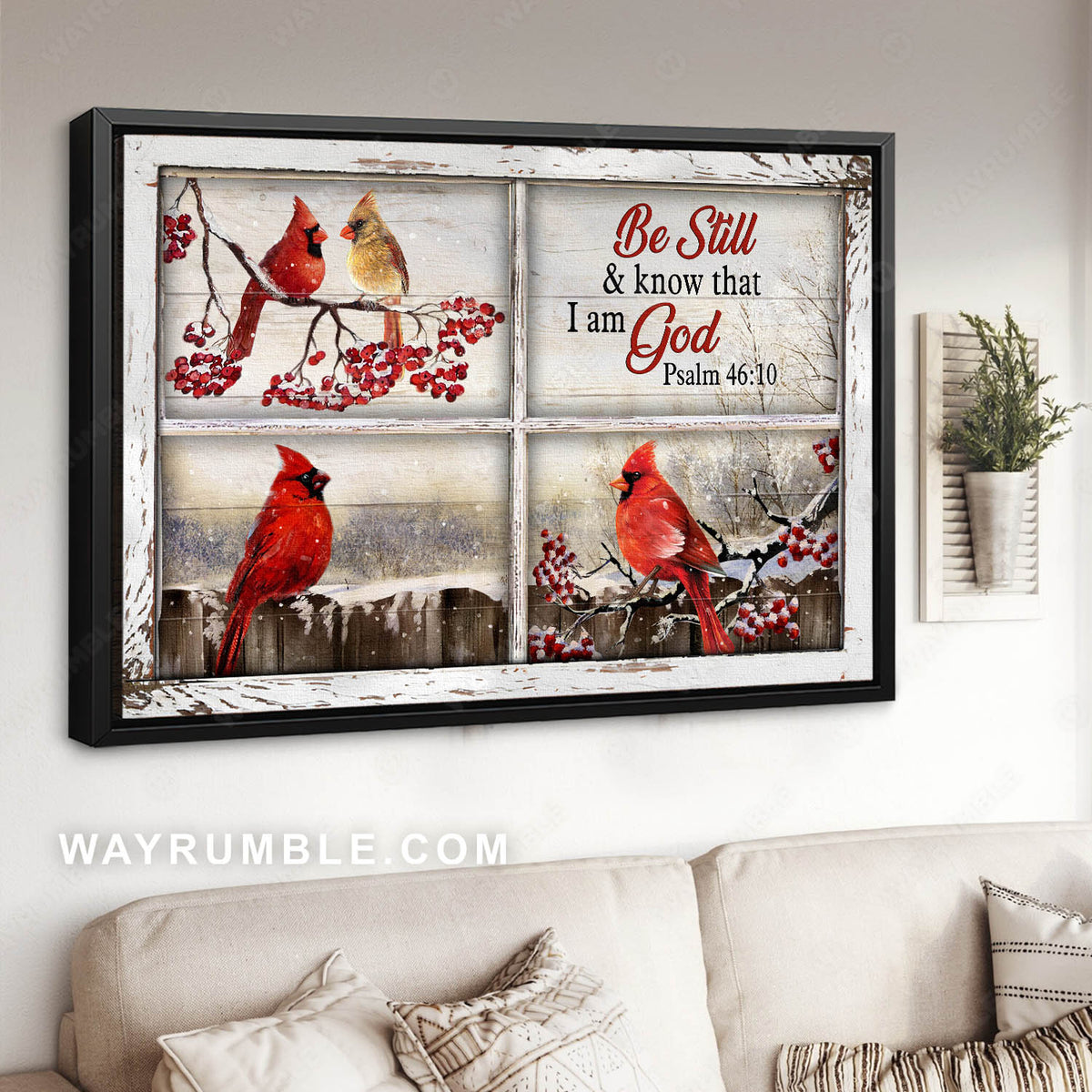 Cardinal painting, Winter garden, Through the window frame, Be still and know that I am God - Jesus Landscape Canvas Prints, Christian Wall Art