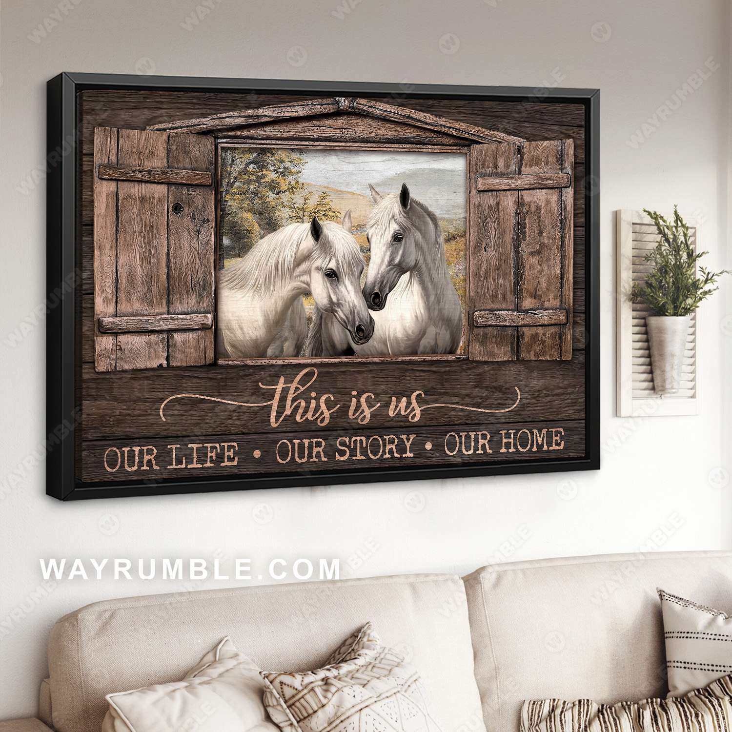 White horse painting, Wooden window, Countryside landscape, This is our home - Jesus Landscape Canvas Prints, Wall Art