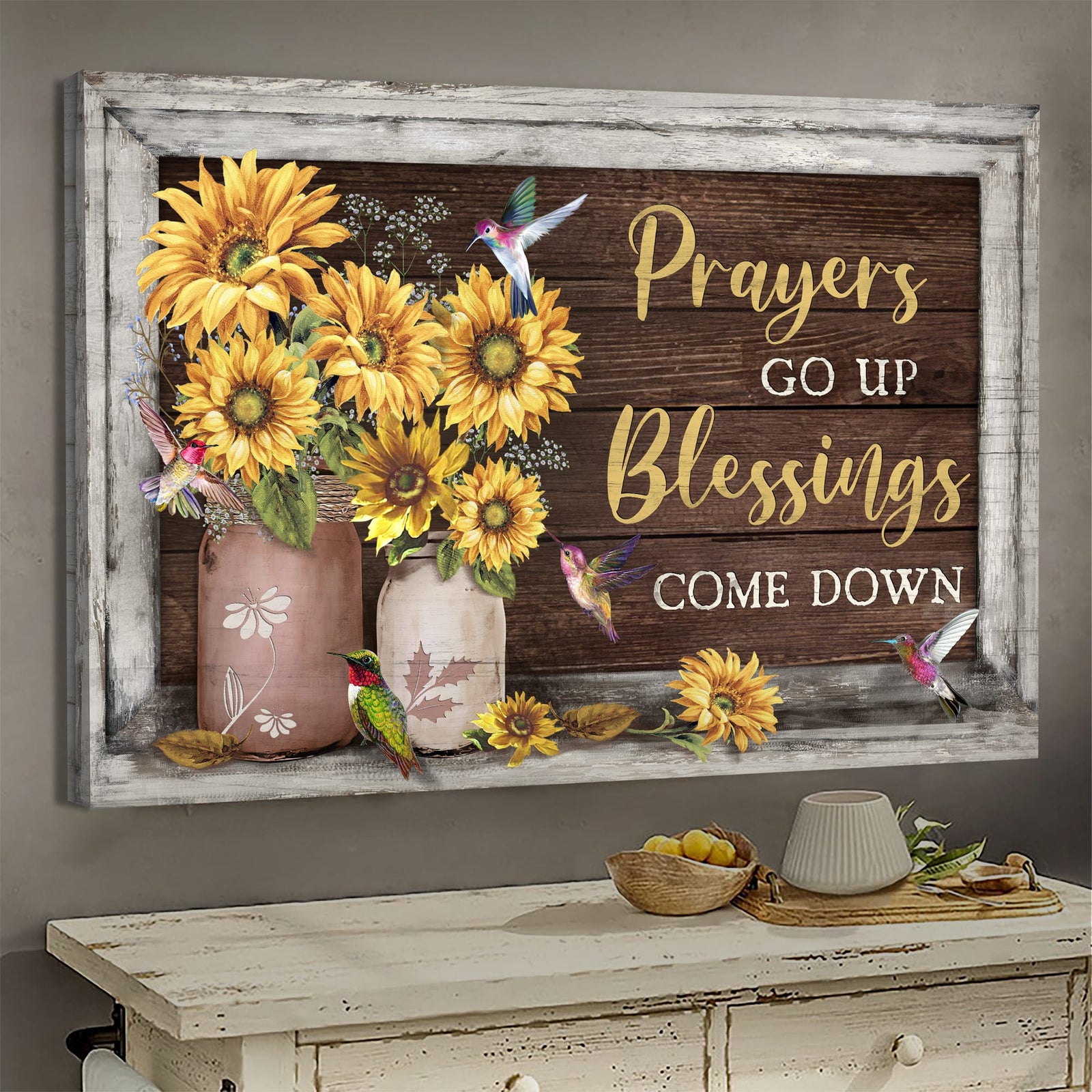 Hummingbird, Sunflower vase, Prayers go up Blessings come down - Jesus Landscape Canvas Prints, Wall Art