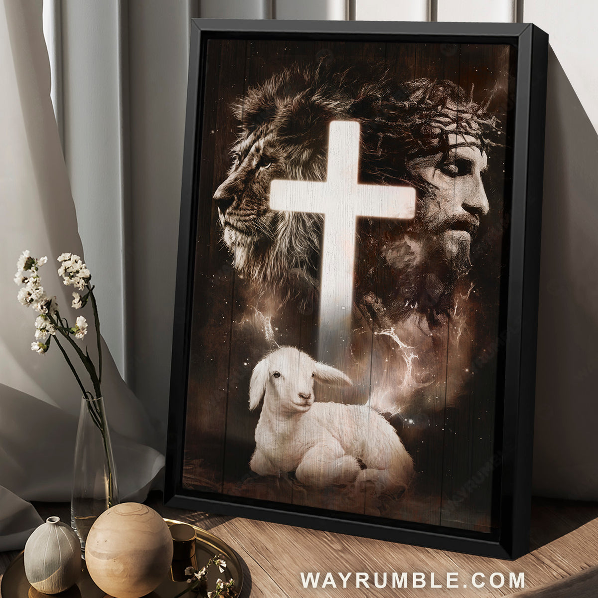 White cross, Cute lamb, Jesus painting, Crown of thorn - Jesus Portrait Canvas Prints, Home Decor Wall Art