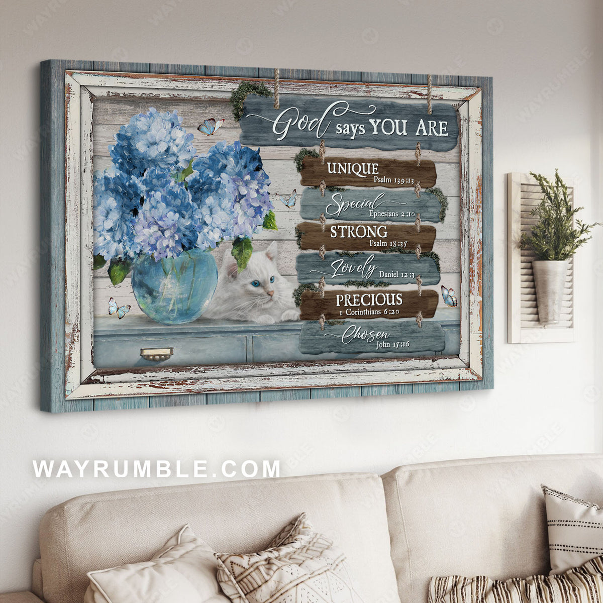 Pretty blue hydrangeas, White cat, God says you are unique - Jesus Landscape Canvas Prints, Christian Wall Art