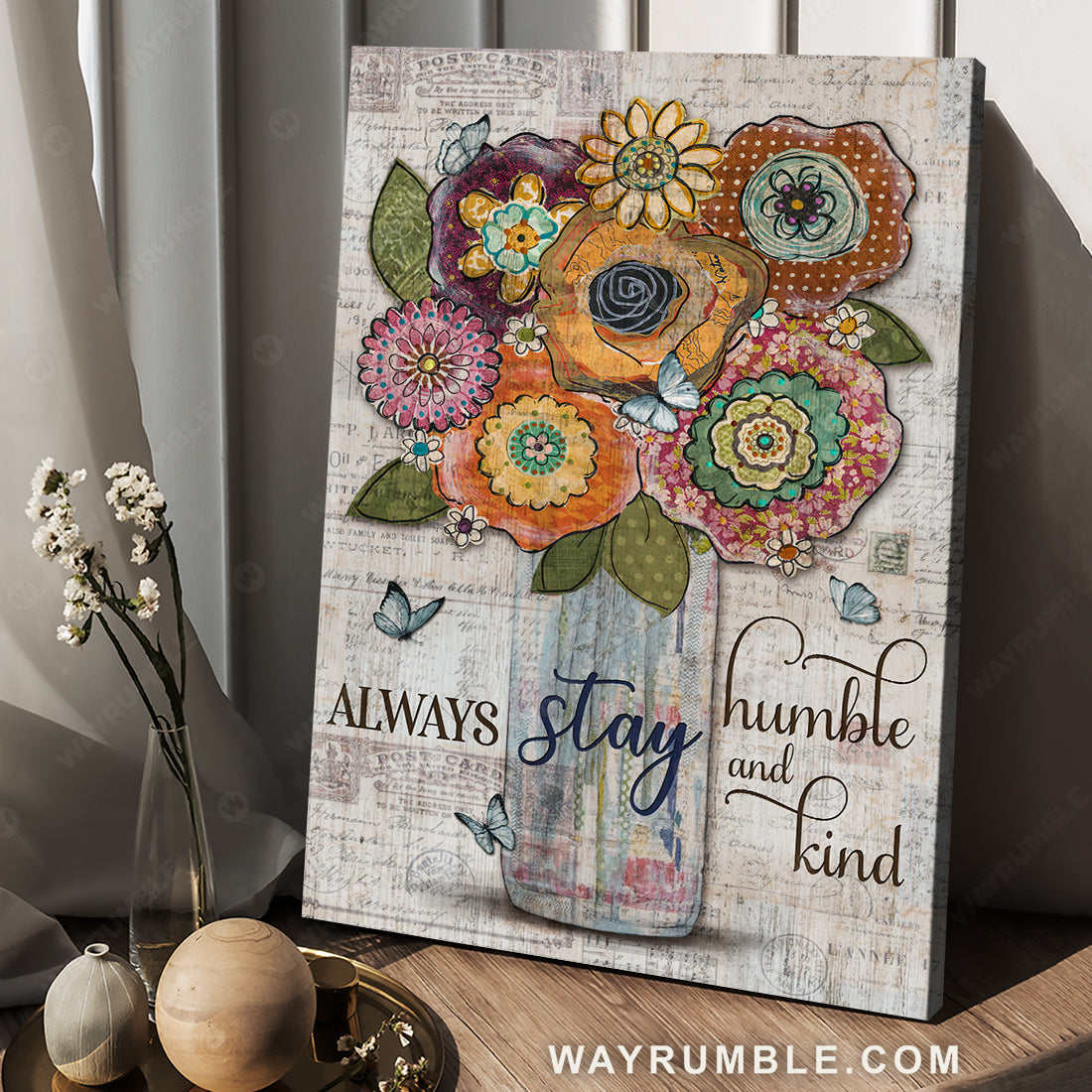 Colorful flower vase, Vintage drawing, Always stay humble and kind - Jesus Portrait Canvas Prints, Christian Wall Art