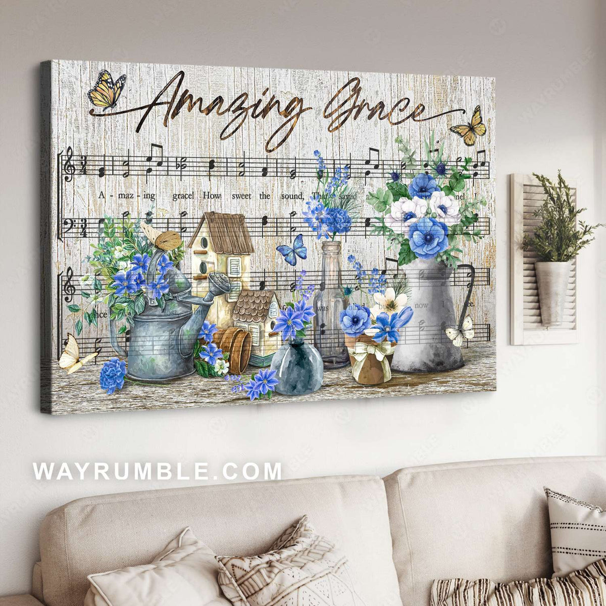 Sheet music, Blue petunias, Flower vase, Amazing grace - Jesus Landscape Canvas Prints, Christian Wall Art